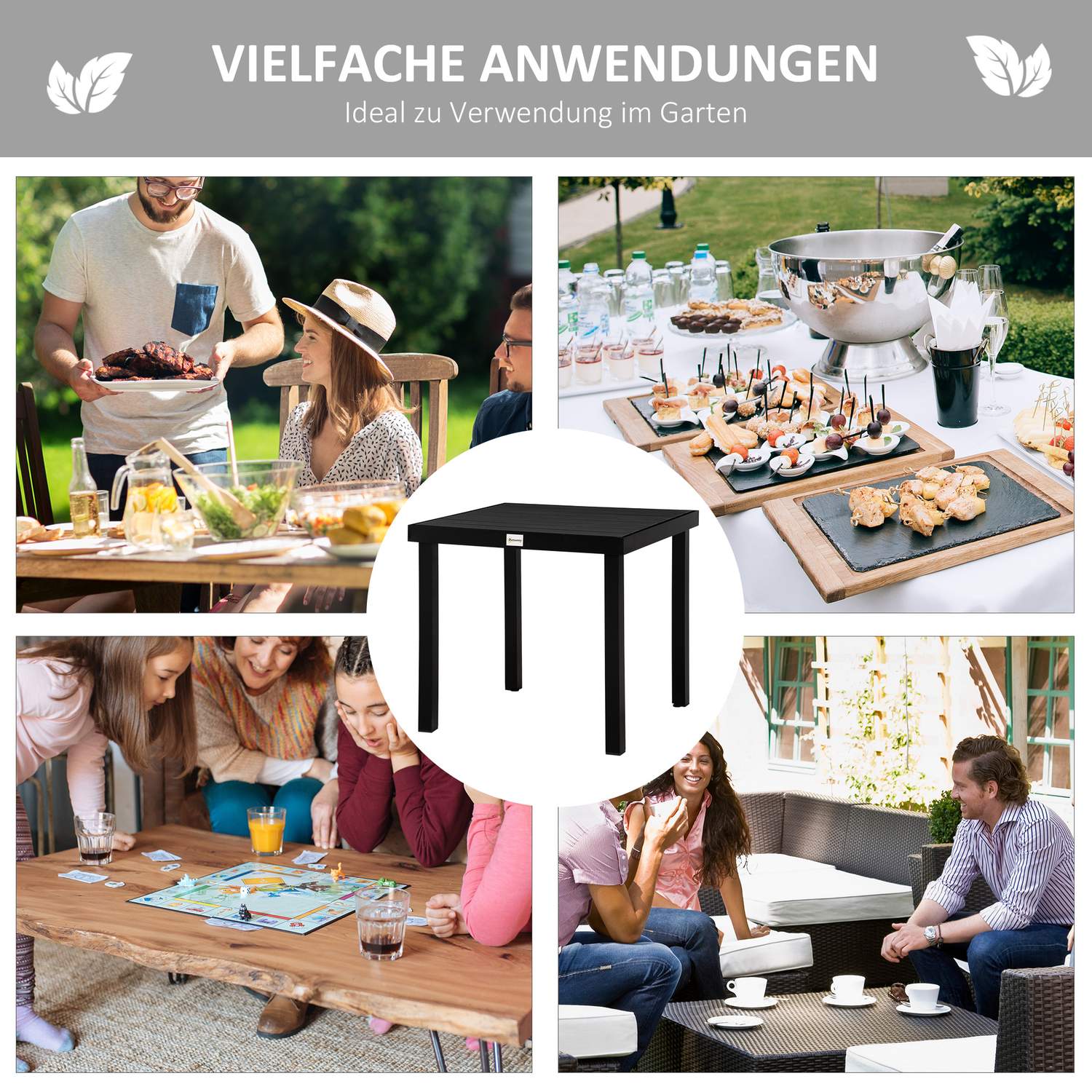 Kompakt utematbord för 4 – Svart aluminium 80x80x74 cm