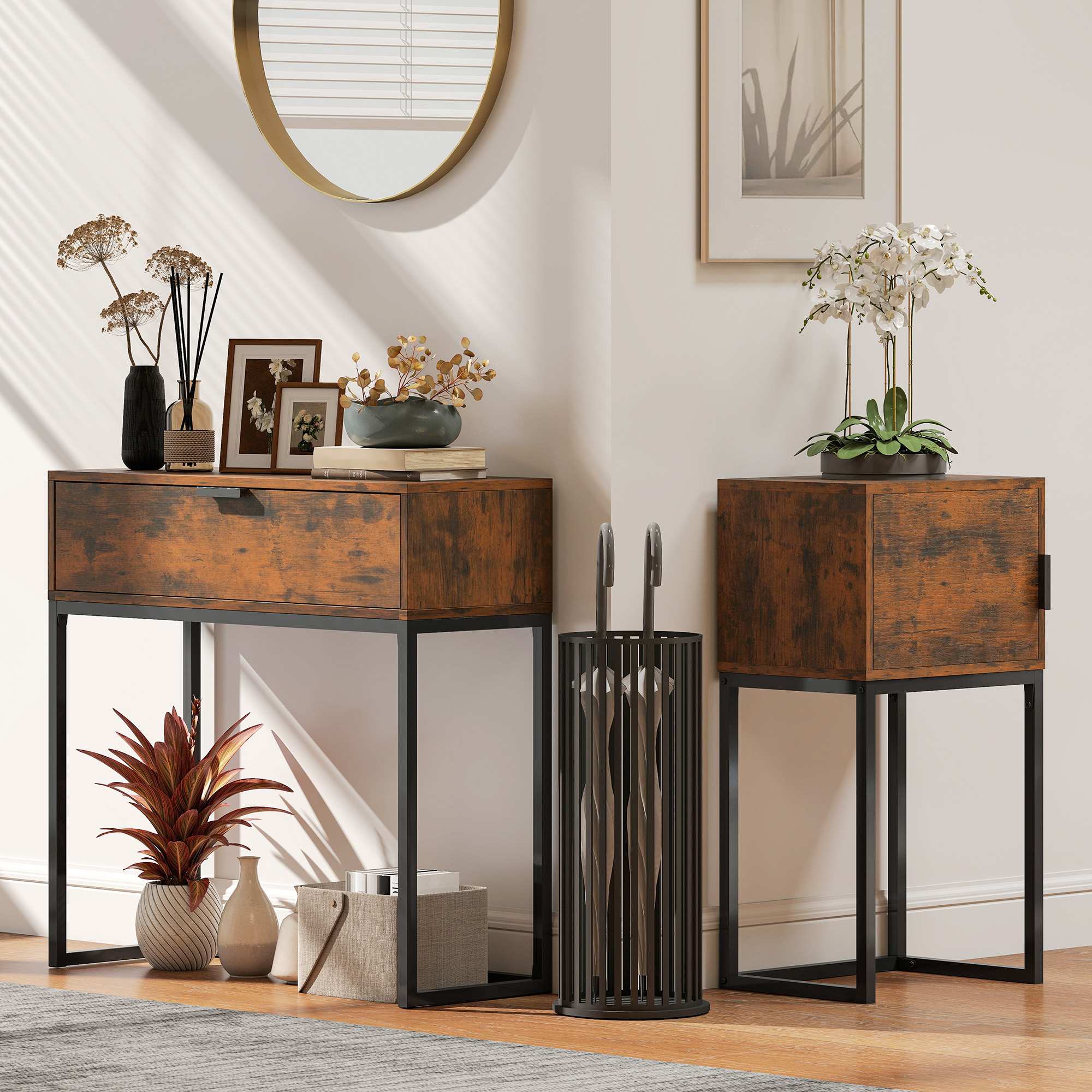 Konsolbord med låda, industriell design, 80x30x76 cm, svart