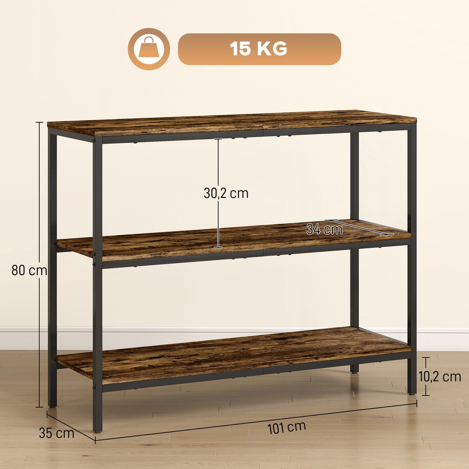 Konsolbord, sidobord med 3-våningshylla, spånskiva, metall, ljusbrun