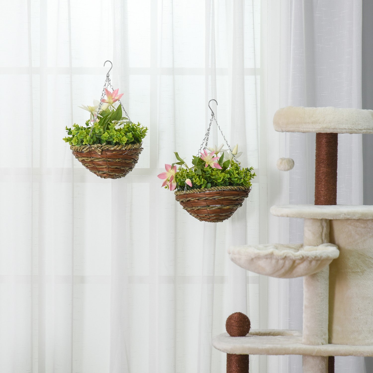 Konstgjorda hängande klematisväxter, rosa och gröna, 30 cm, set om 2