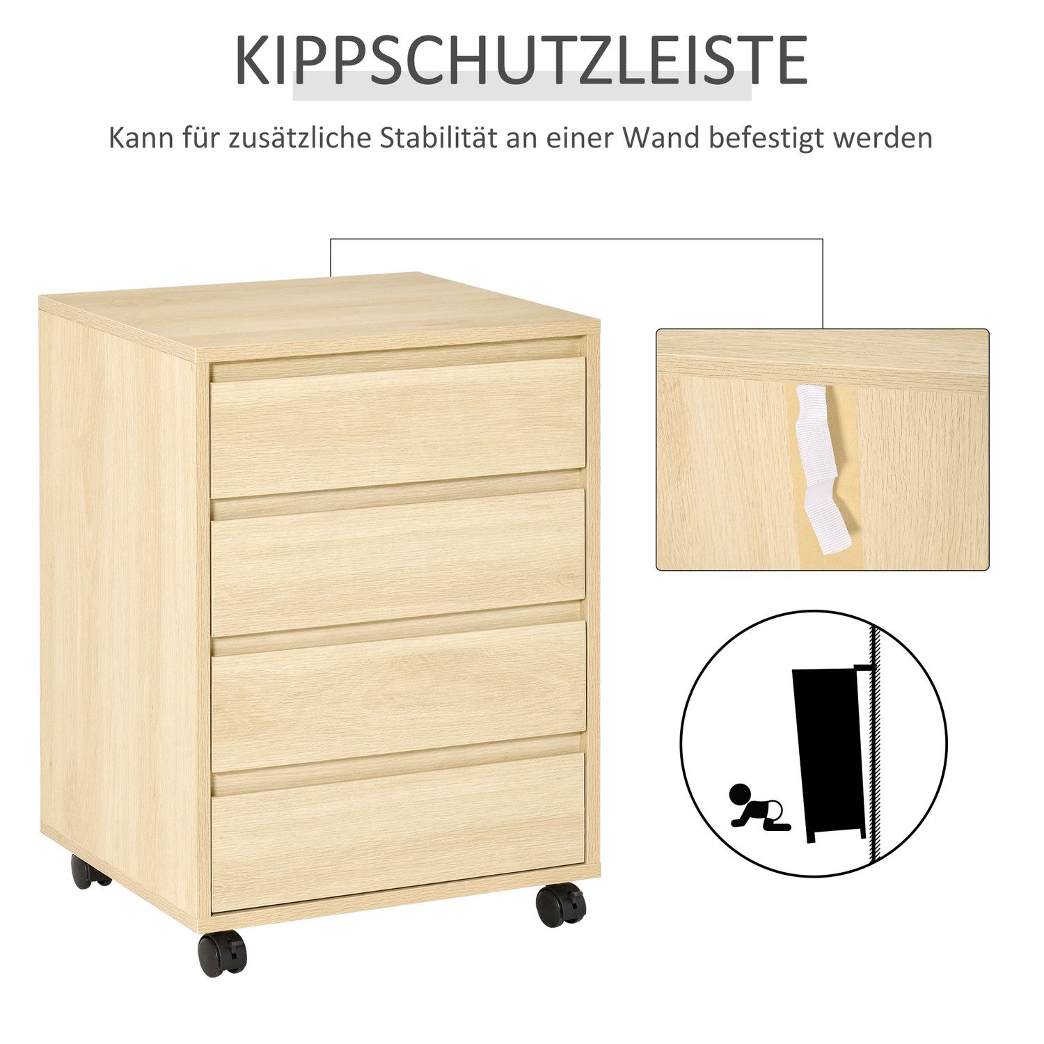 Kontorsarkivskåp med hjul, 4-lådor, naturlig finish