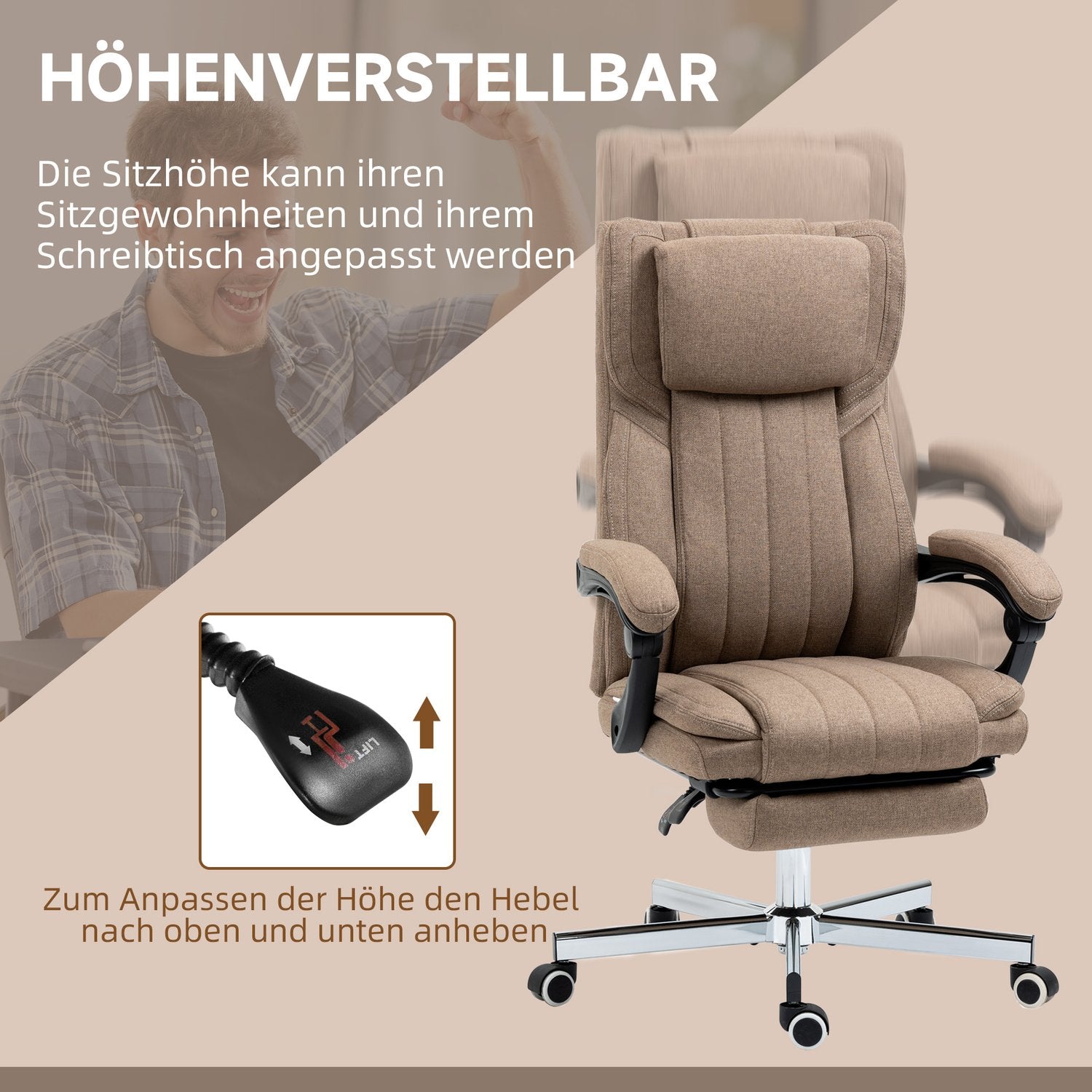 Kontorsstol med massagefunktion, fällbart ryggstöd, utdragbart fotstöd, linnelook, 65 x 61 x 113 cm, brun
