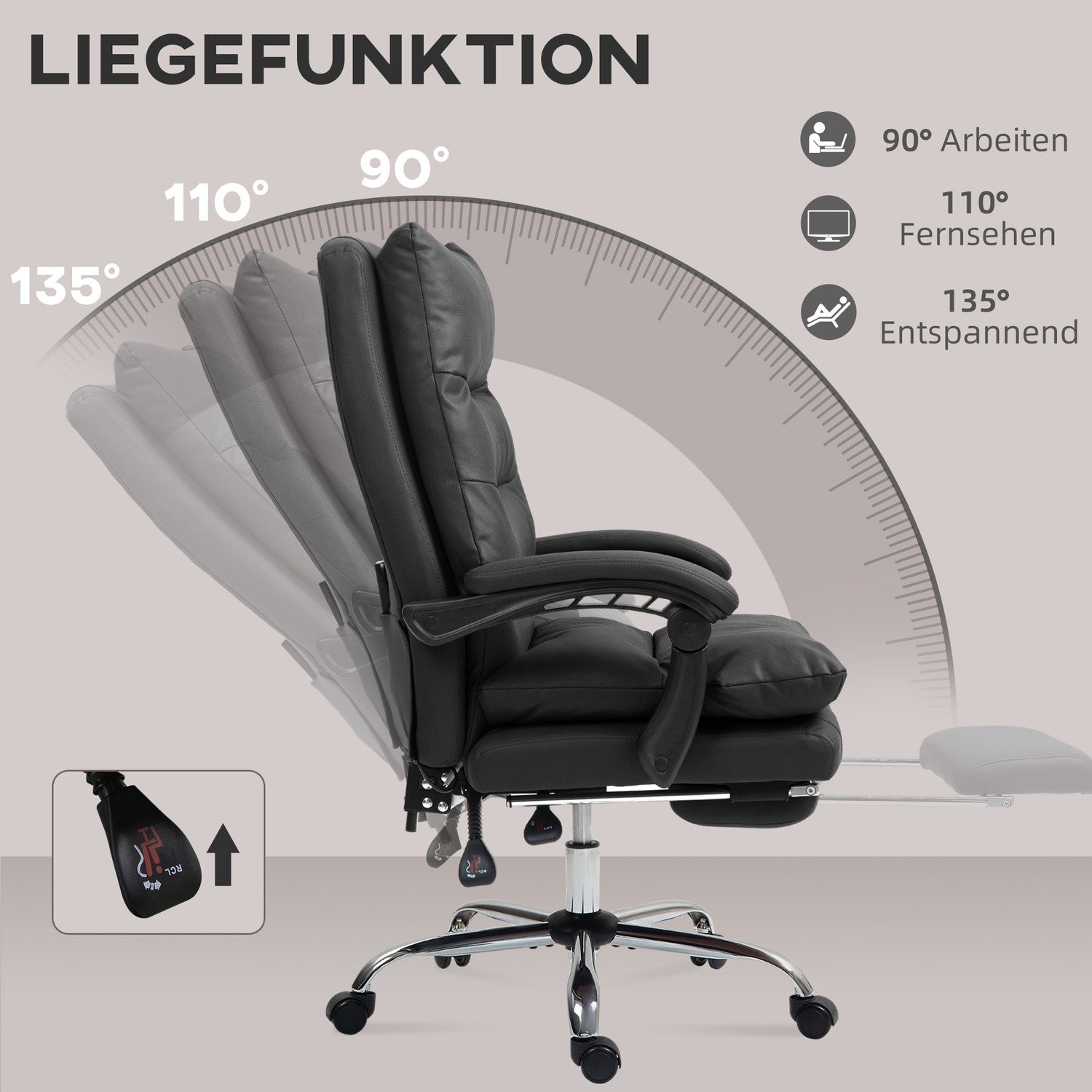 Kontorsstol med massage, värme, recline, svart, 65x72x109-117cm