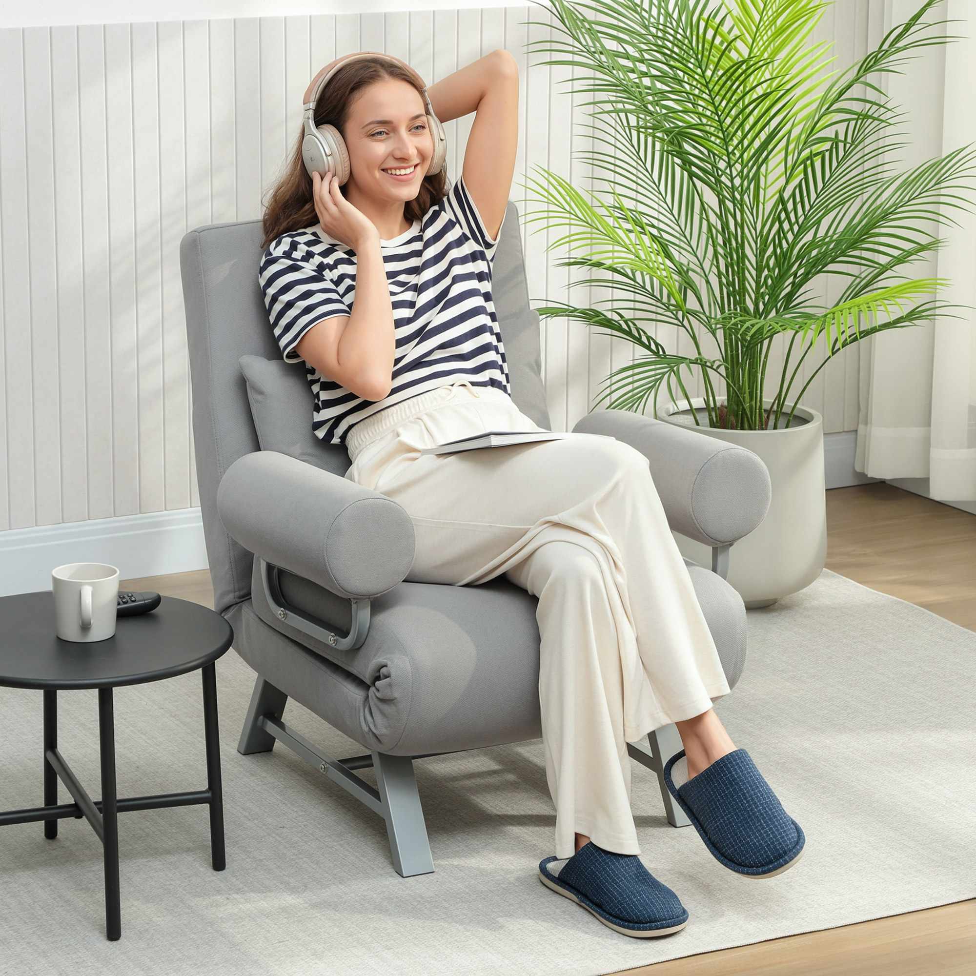 Konvertibel sovfåtölj, ergonomisk, ljusgrått tyg