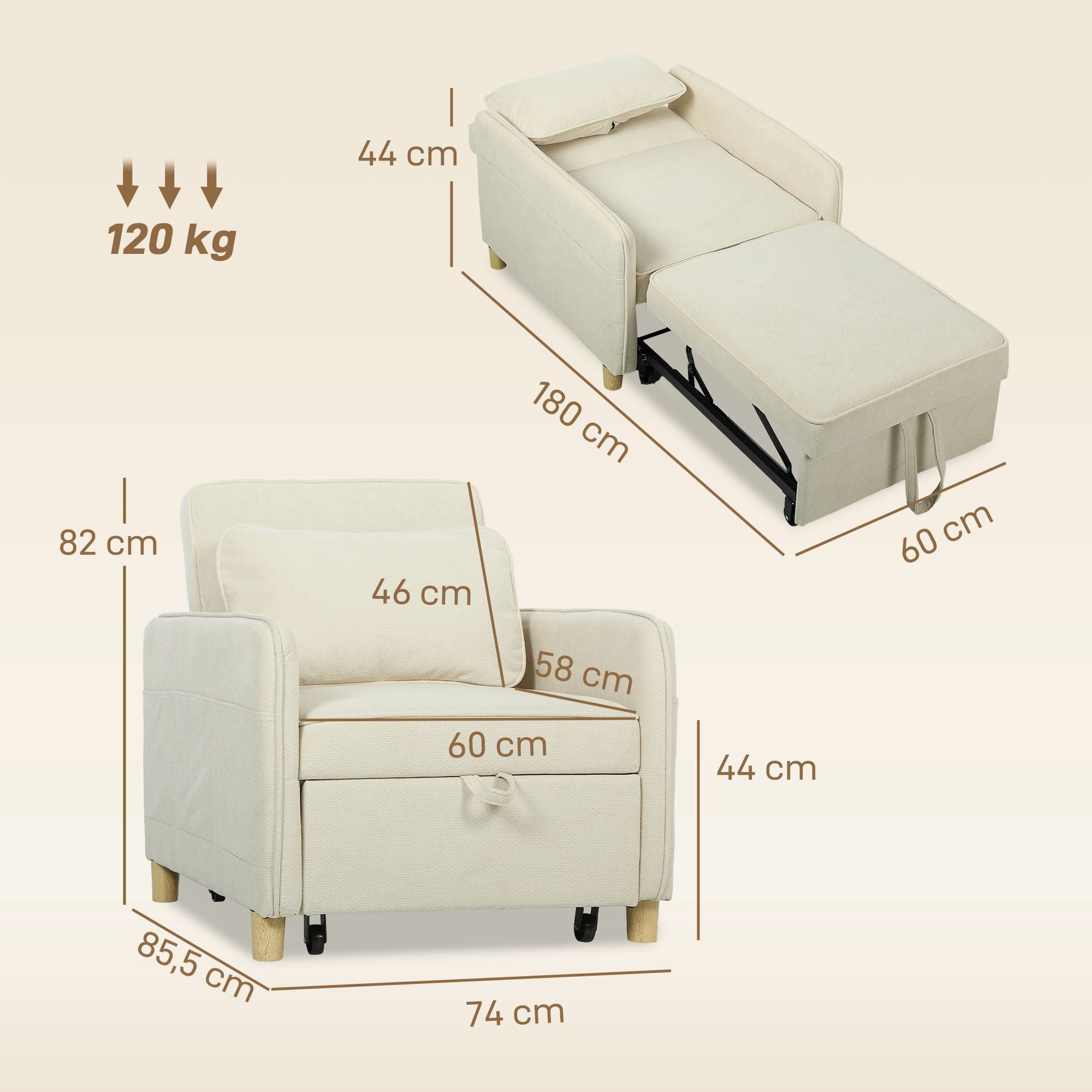 Konvertibel sovfåtölj, skumstoppning, beige tyg