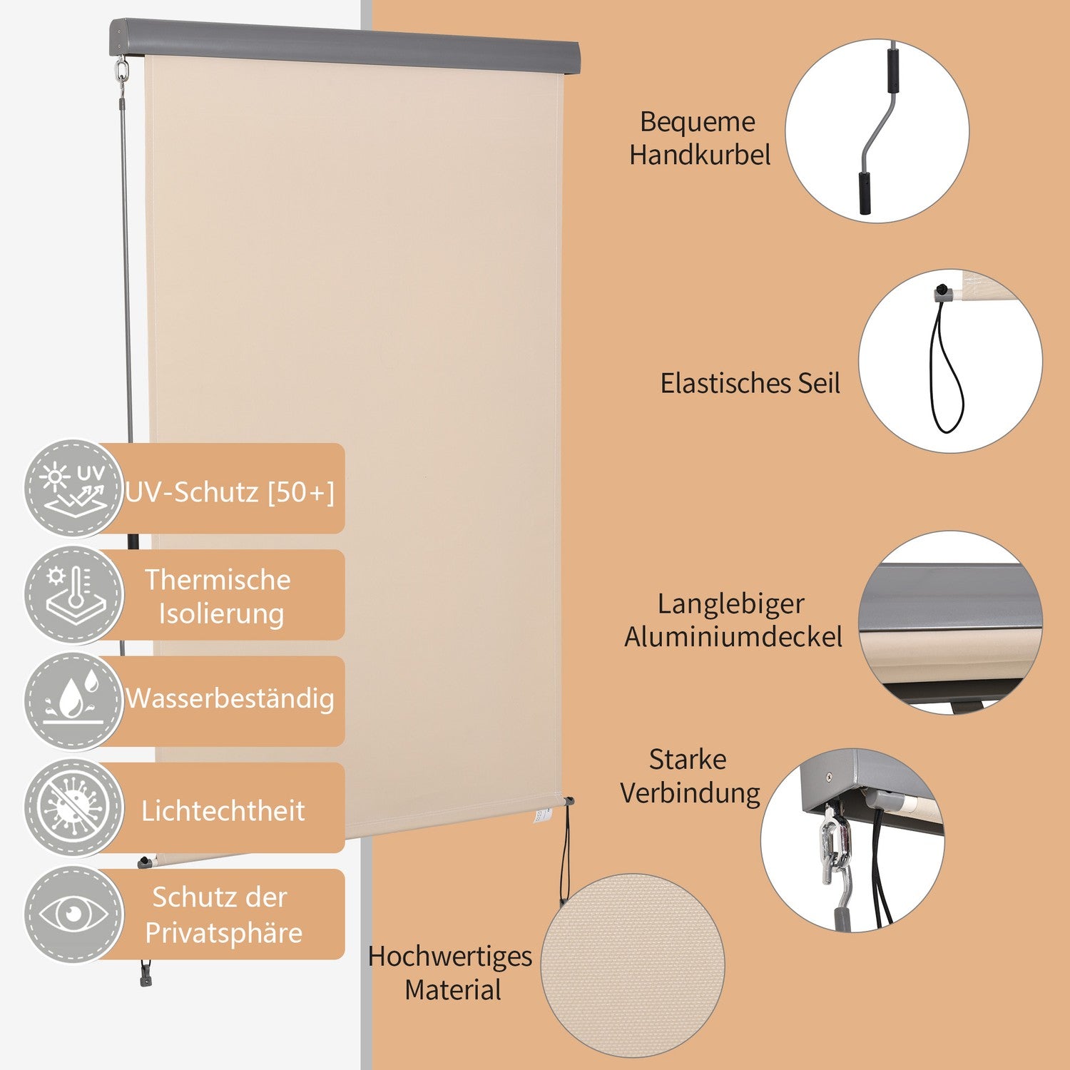 Krämvit Balkongmarkis – Handvev, Vindskydd, 120x200 Cm
