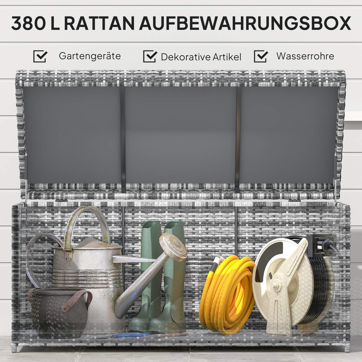 Kuddlåda i rotting 380L väderbeständig kuddlåda med lock förvaringsutrymme UV-beständig 130 x 61 x 65 cm mörkgrå