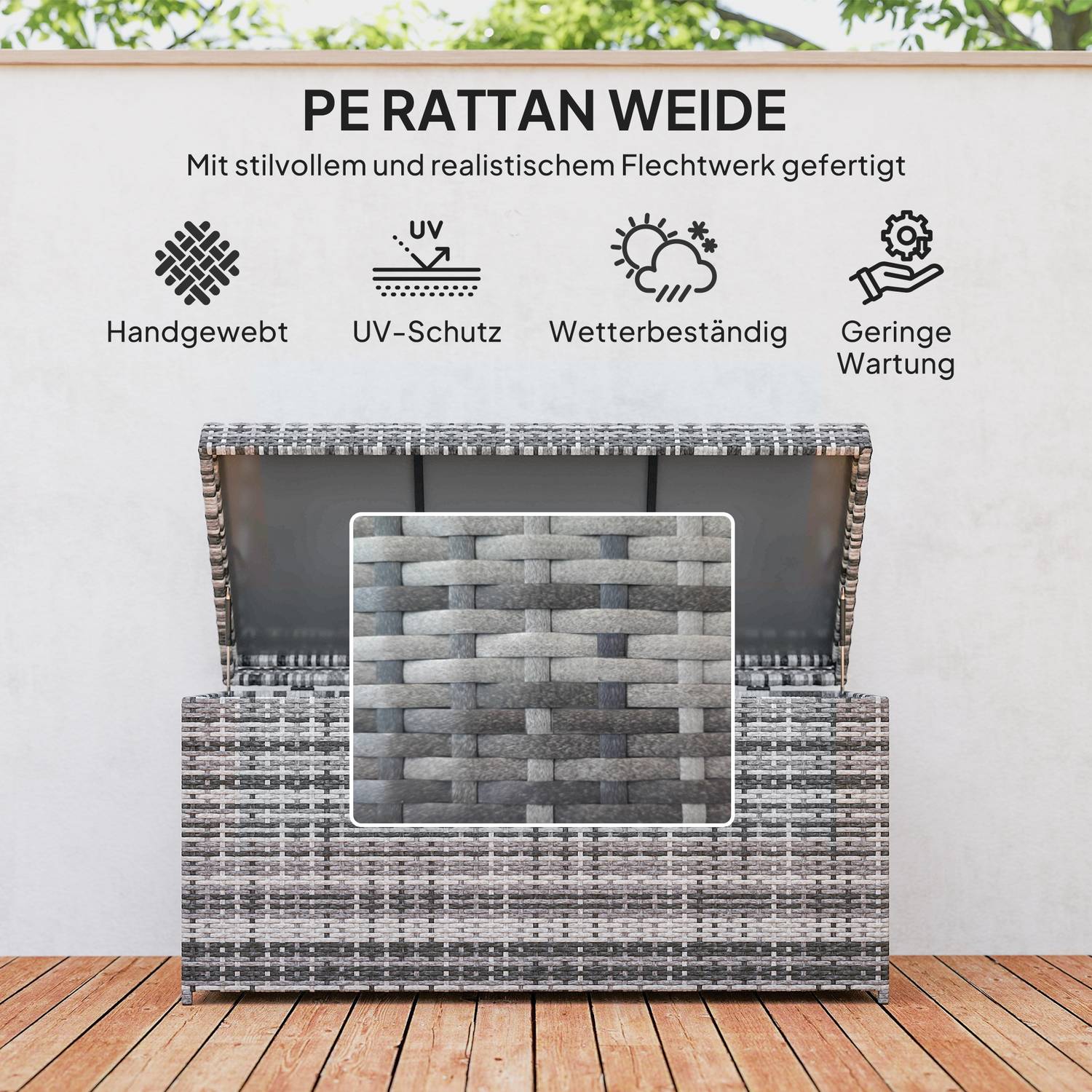 Kuddlåda i rotting 380L väderbeständig kuddlåda med lock förvaringsutrymme UV-beständig 130 x 61 x 65 cm mörkgrå