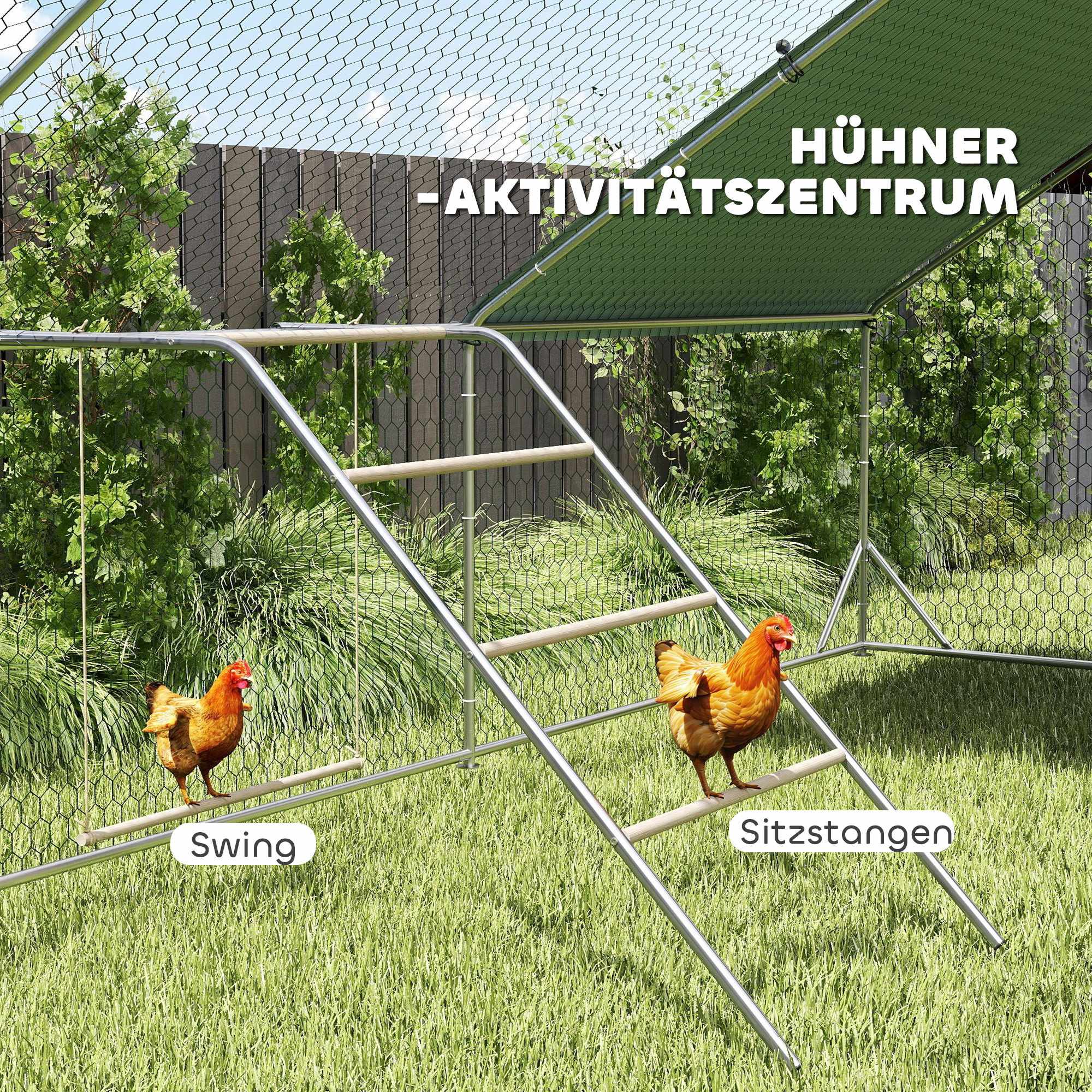 Kycklinglekplats med justerbar gunga, 4 sittpinnar, 82x150x110 cm