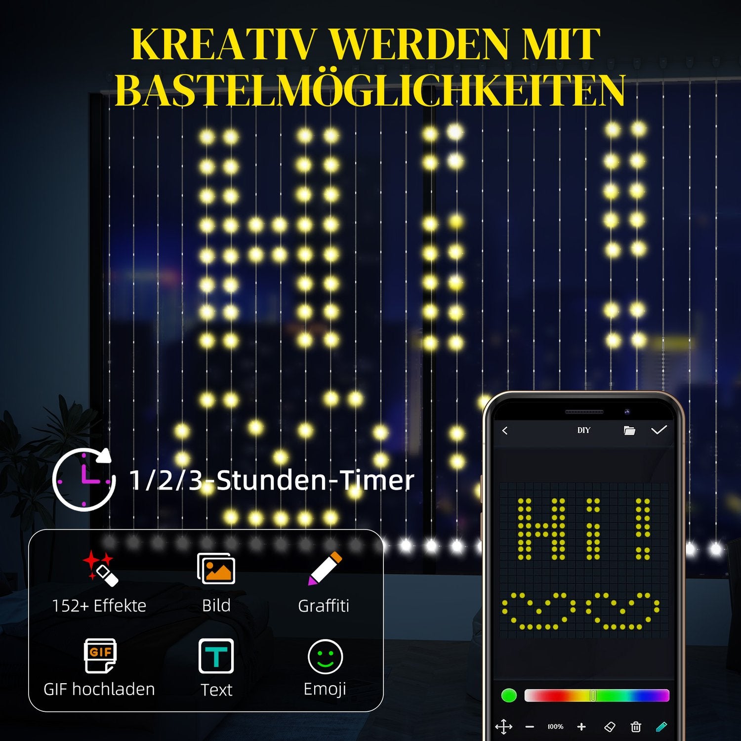 LED světelný závěs Fairy Light, 3x3m, 400 LED, synchronizace s hudbou, časovač