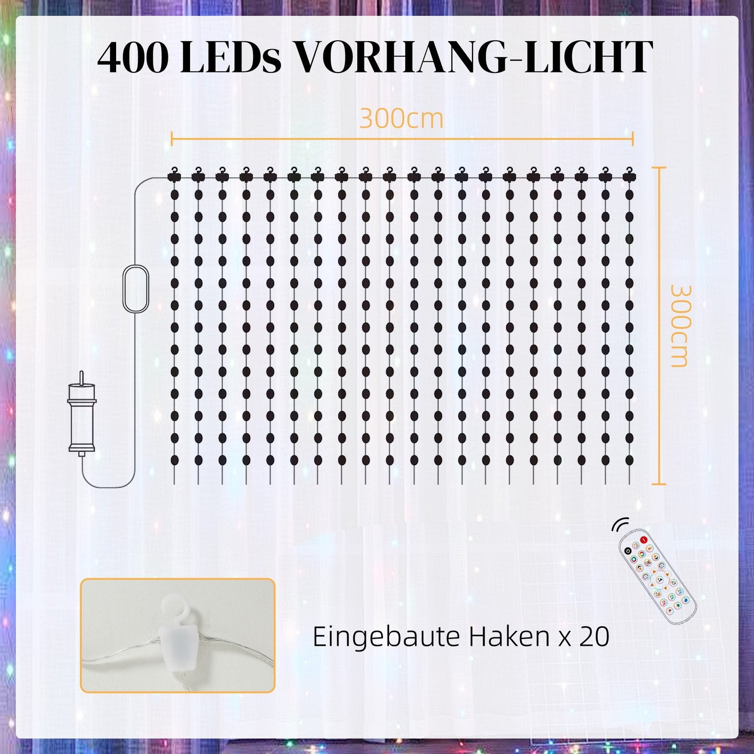 LED světelný závěs Fairy Light, 3x3m, 400 LED, synchronizace s hudbou, časovač