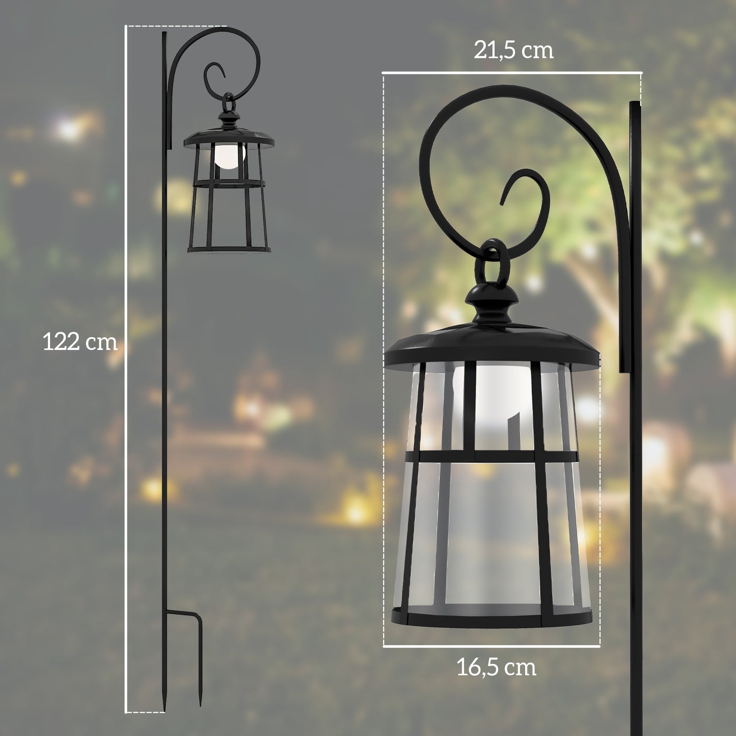 LED solární zahradní lucerna, 122 cm, studené bílé světlo, černá