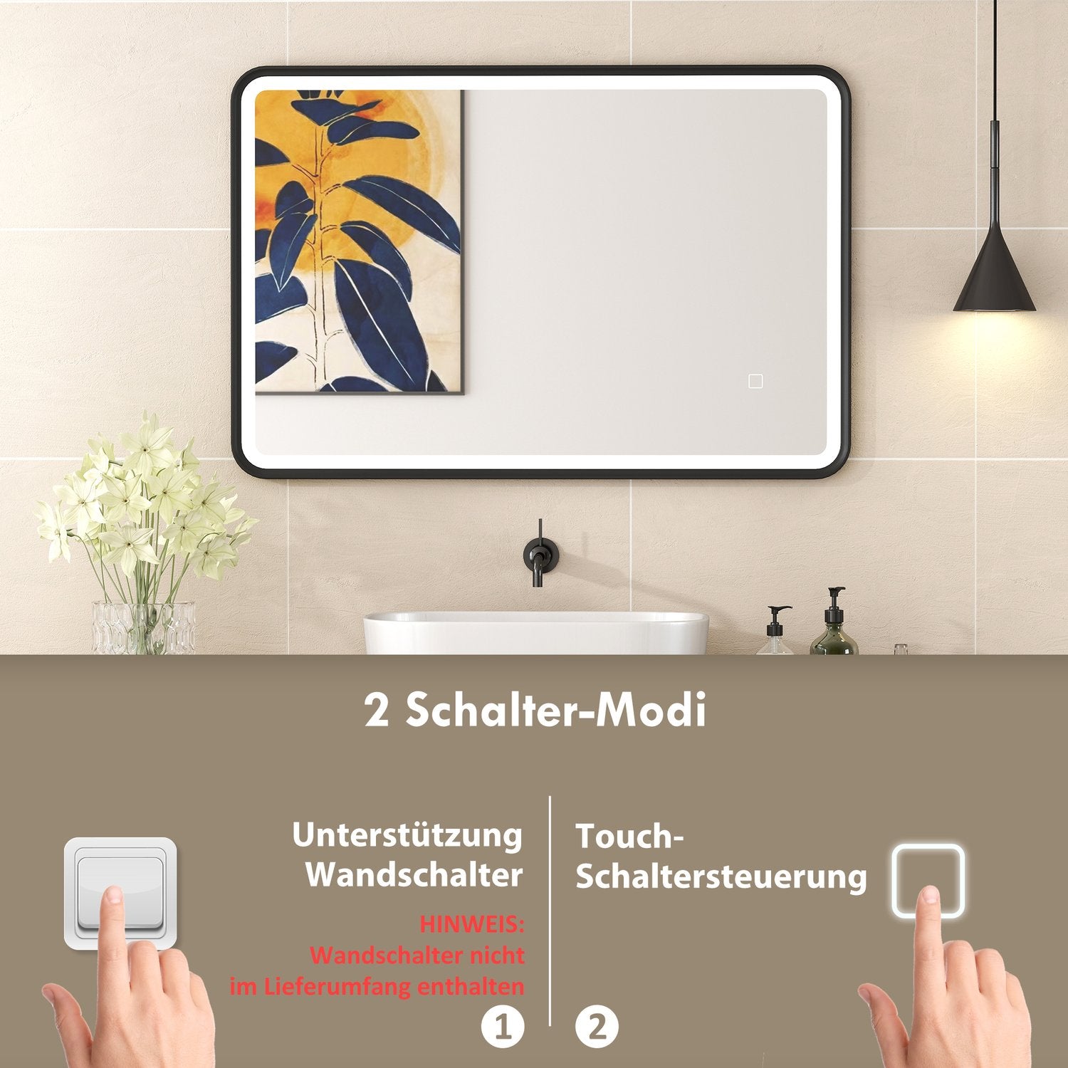 LED-badrumsspegel, 90x60 cm, dimbar, 3 färger, svart