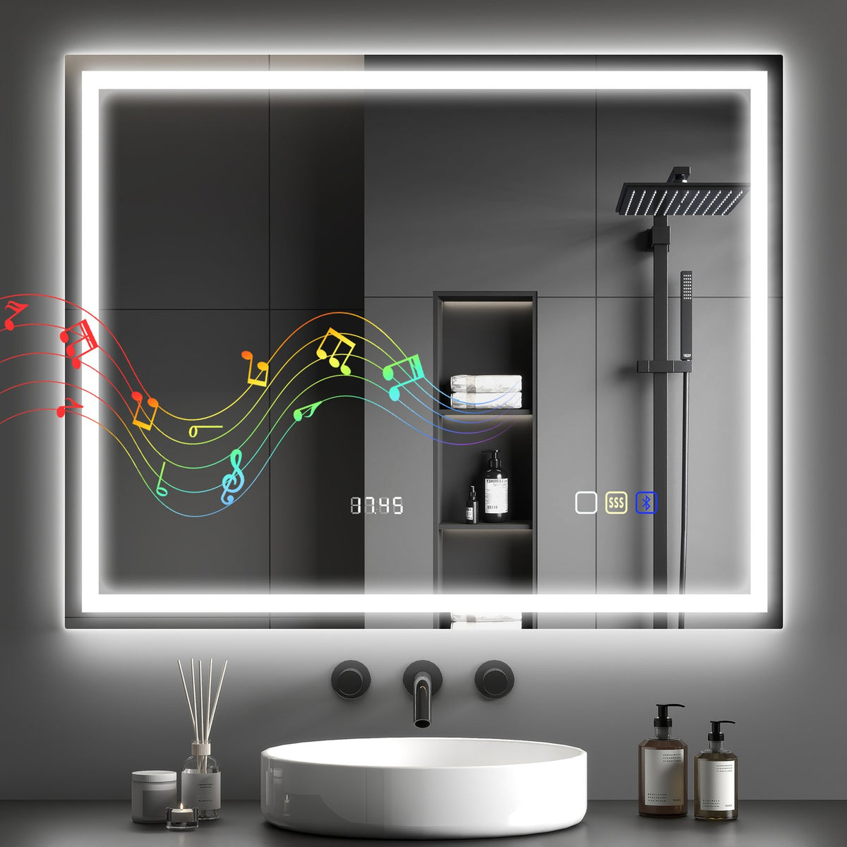 LED koupelnové zrcadlo, Bluetooth, 80x100 cm, dotyková obrazovka