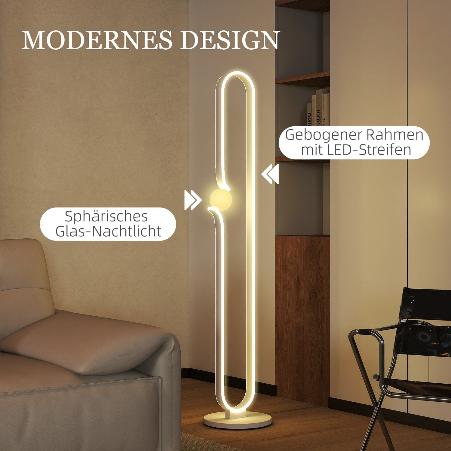 LED-golvlampa, musiknotdesign, glasskärm, metall, plast, vit