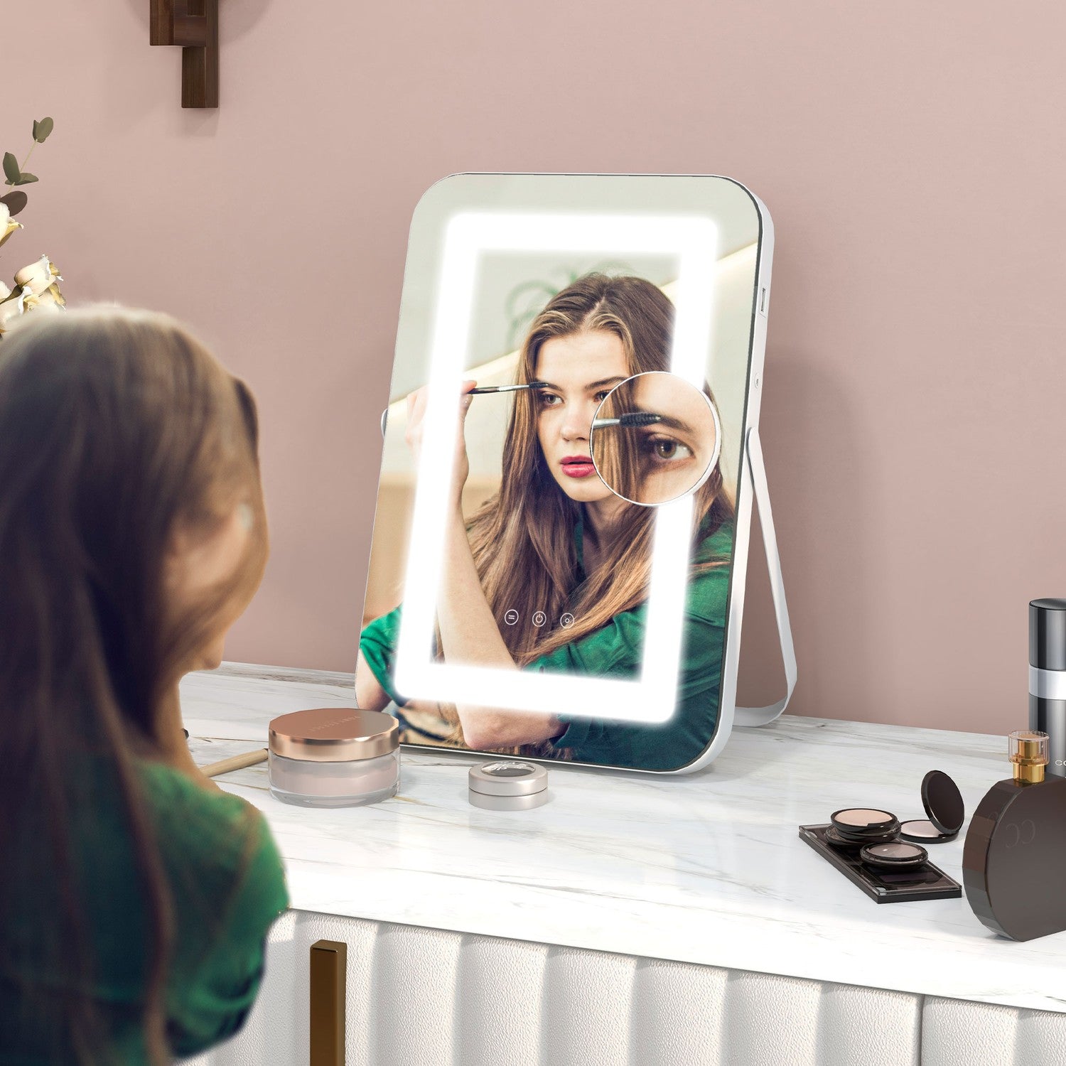 LED kosmetické zrcadlo, 10násobné zvětšení, 3 barvy osvětlení, otočné