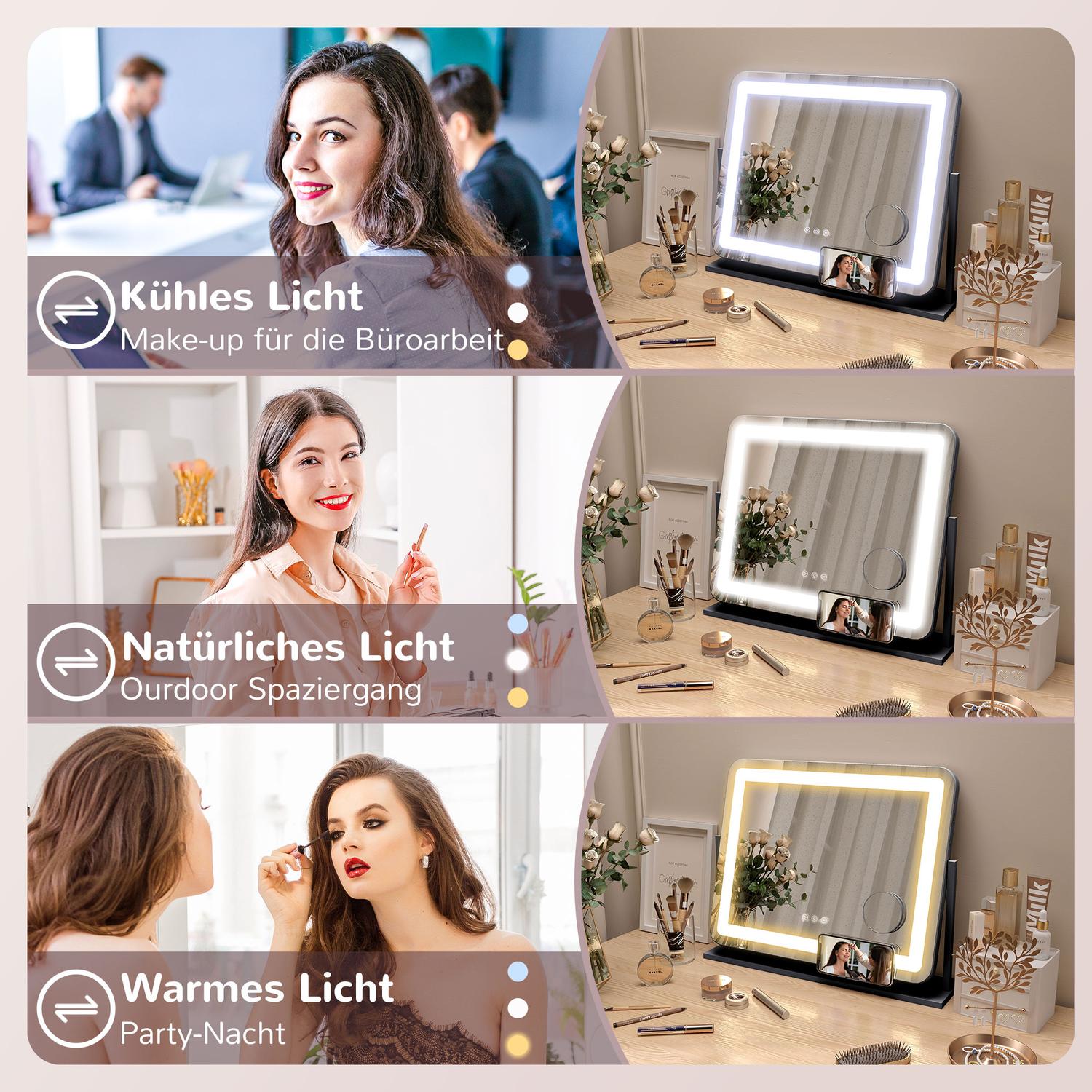 LED kosmetické zrcátko, 3 barvy světla, 10násobné zvětšení, černé