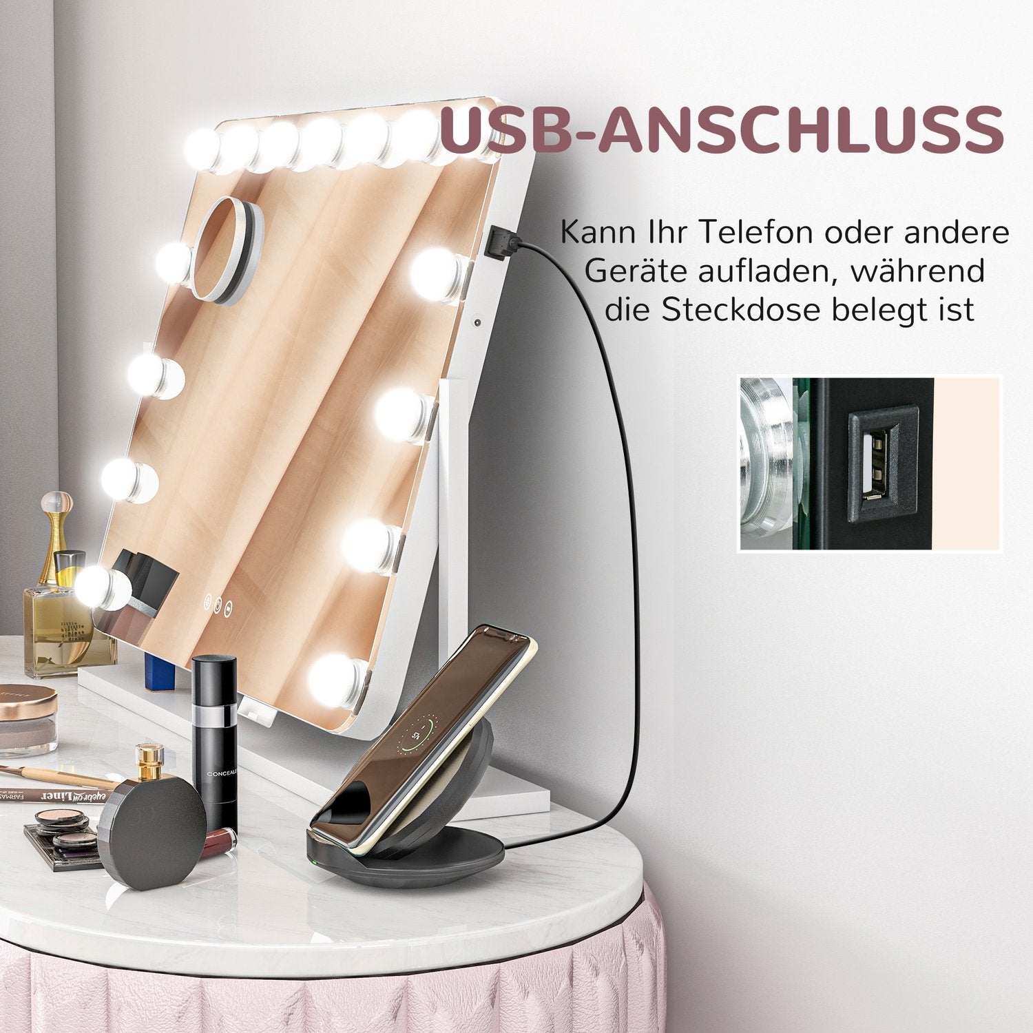 LED sminkspegel – 3 ljuslägen, dimbar, USB, 62,5 x 49,5 cm