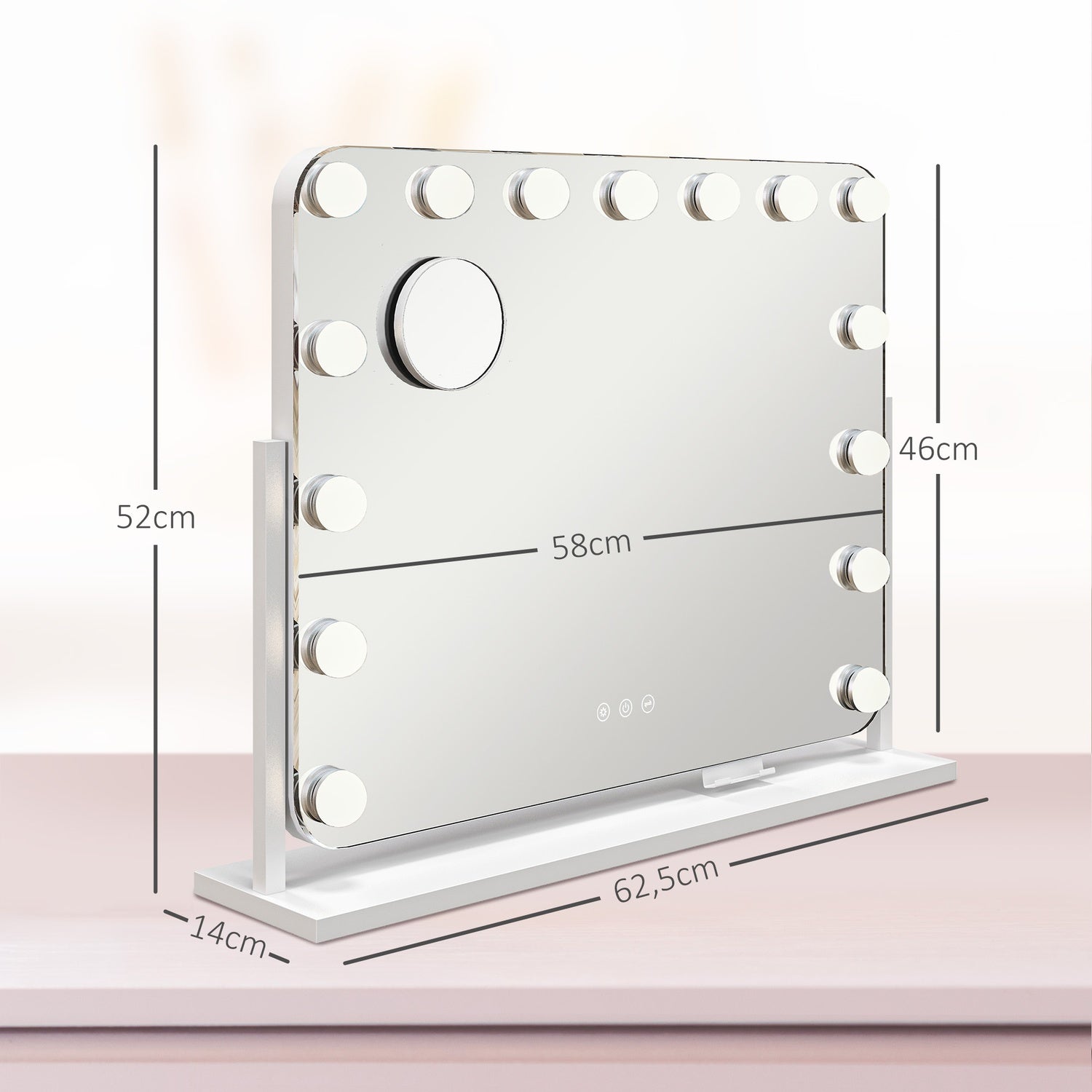LED sminkspegel – 3 ljuslägen, dimbar, USB, 62,5 x 49,5 cm