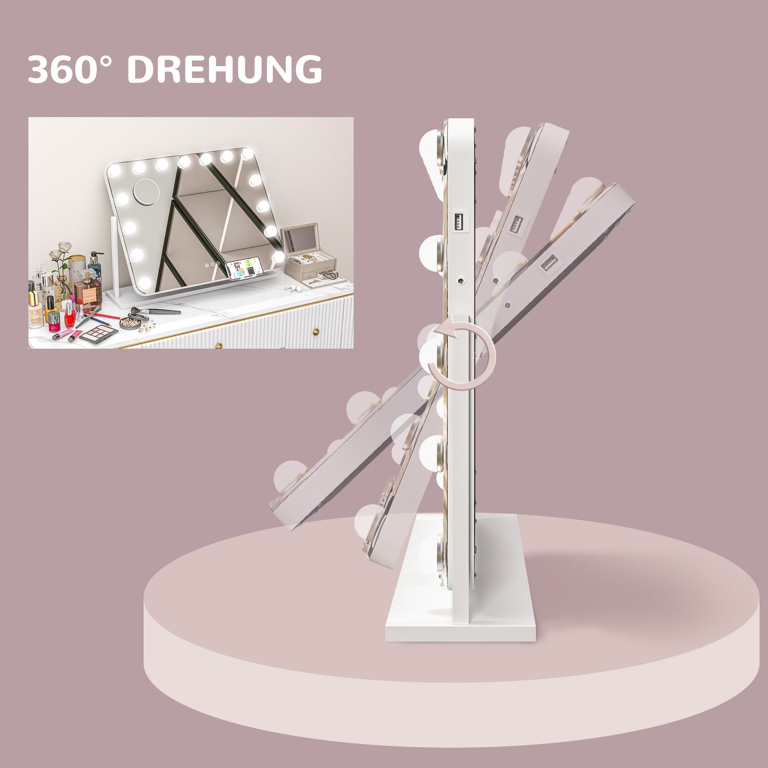 LED sminkspegel – 3 ljuslägen, dimbar, USB, 62,5 x 49,5 cm