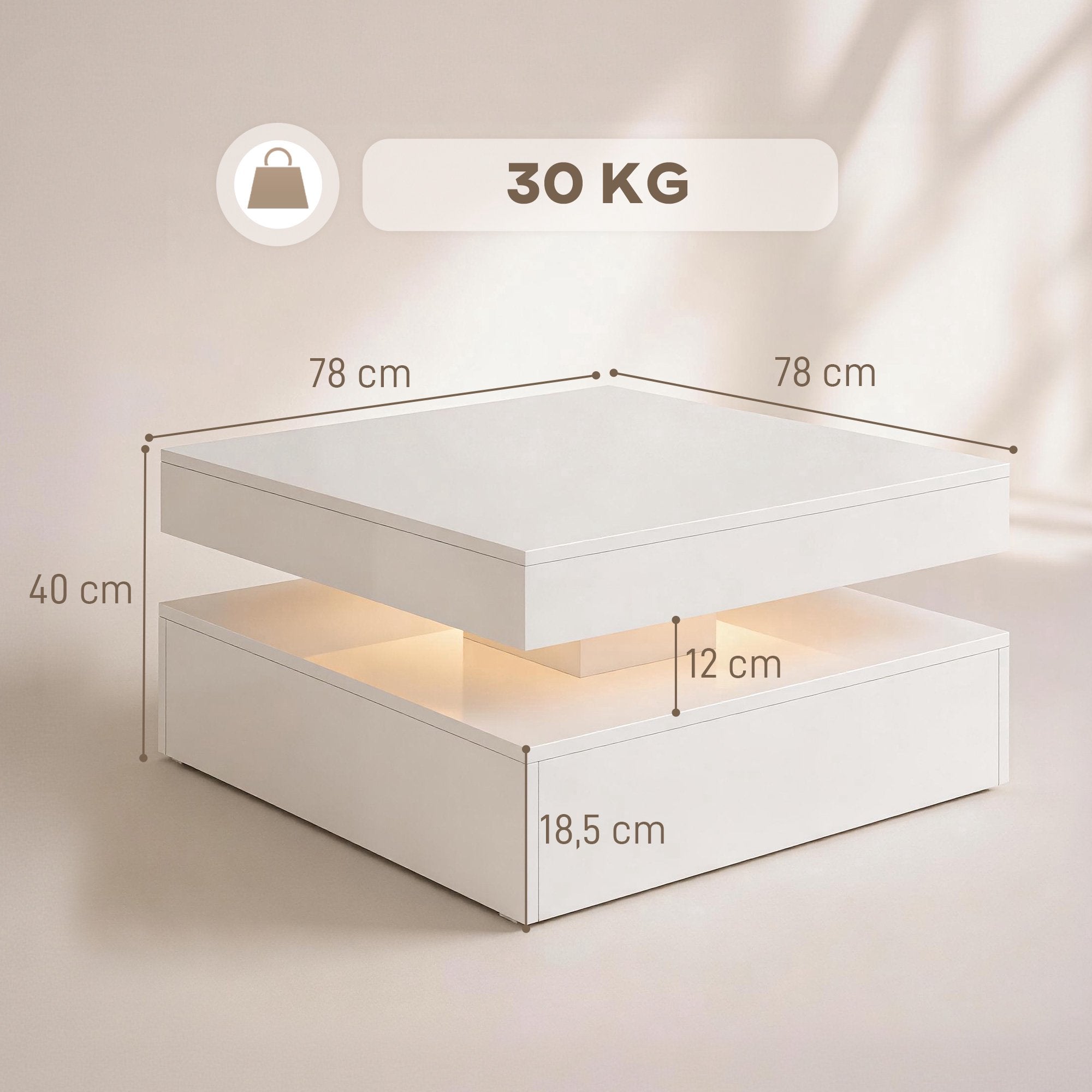 LED-soffbord med förvaring, 2 nivåer, högblank vit