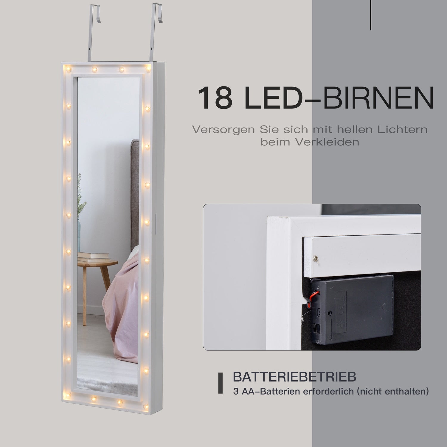 LED zrcadlová skříňka na šperky, montáž na dveře, 36,6""x8""x120"" bílá