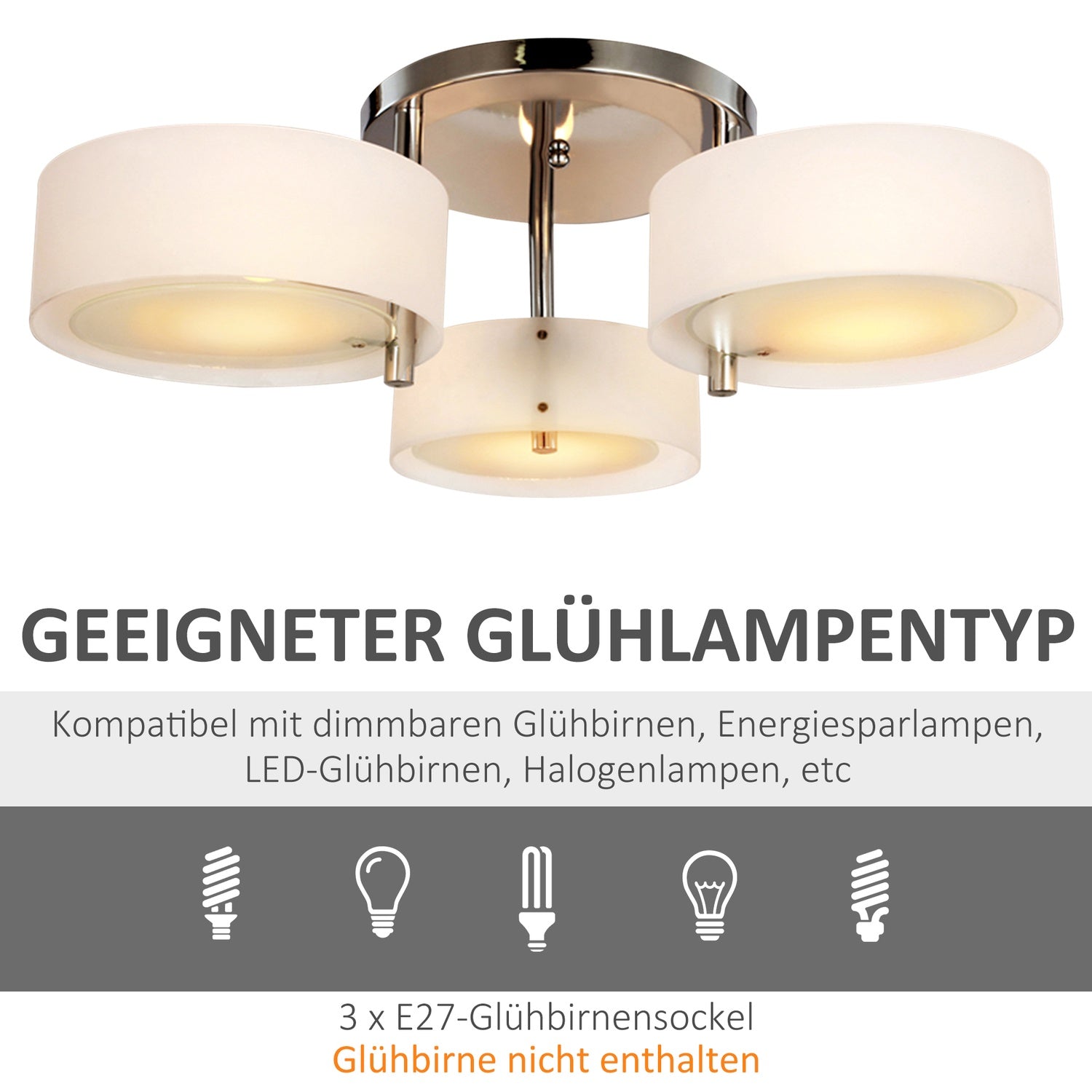 LED-taklampa, 3-lampa, E27 40W, varmvit, Ø64cm