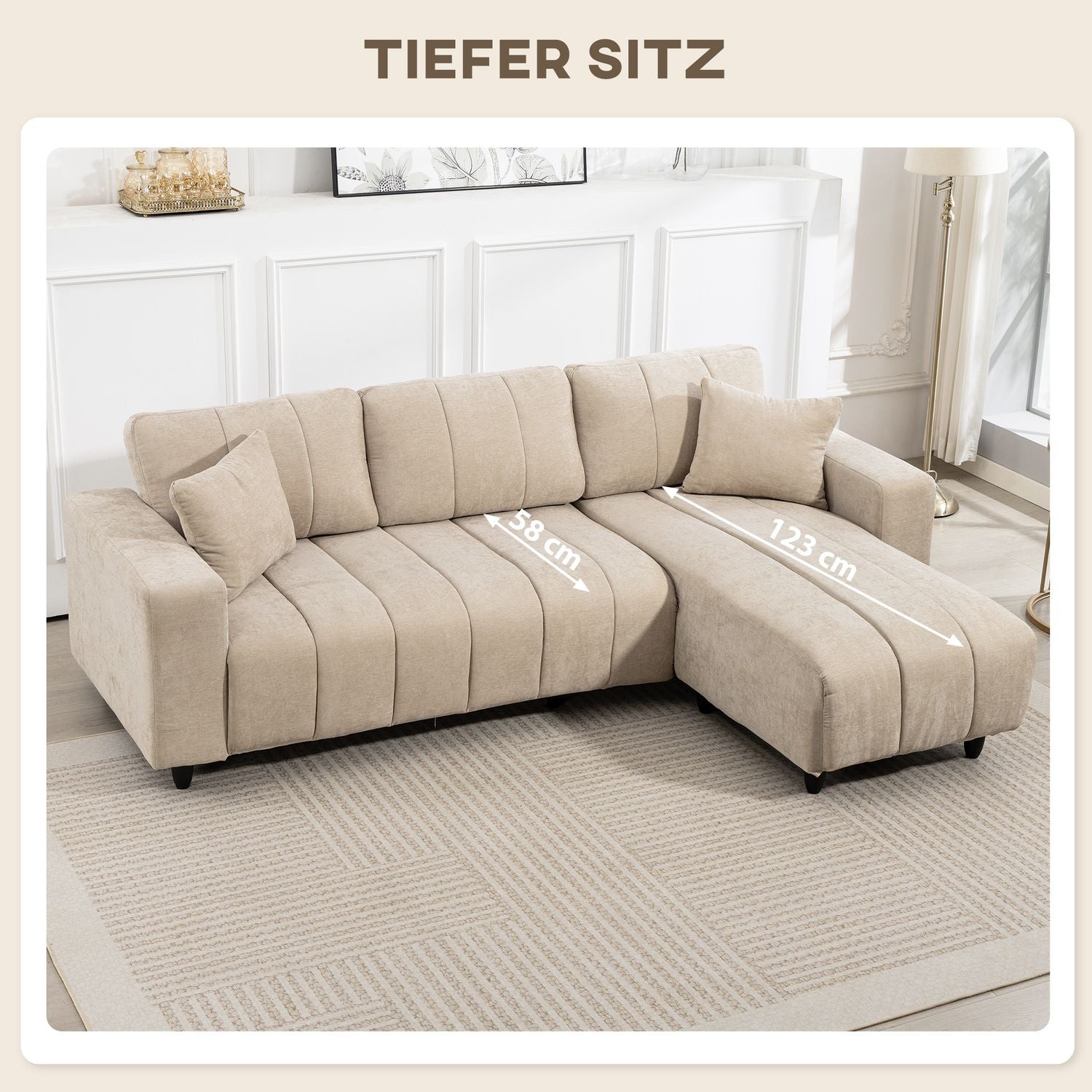 L-formad sektionssoffa, beige, 3-sits med schäslong och kuddar