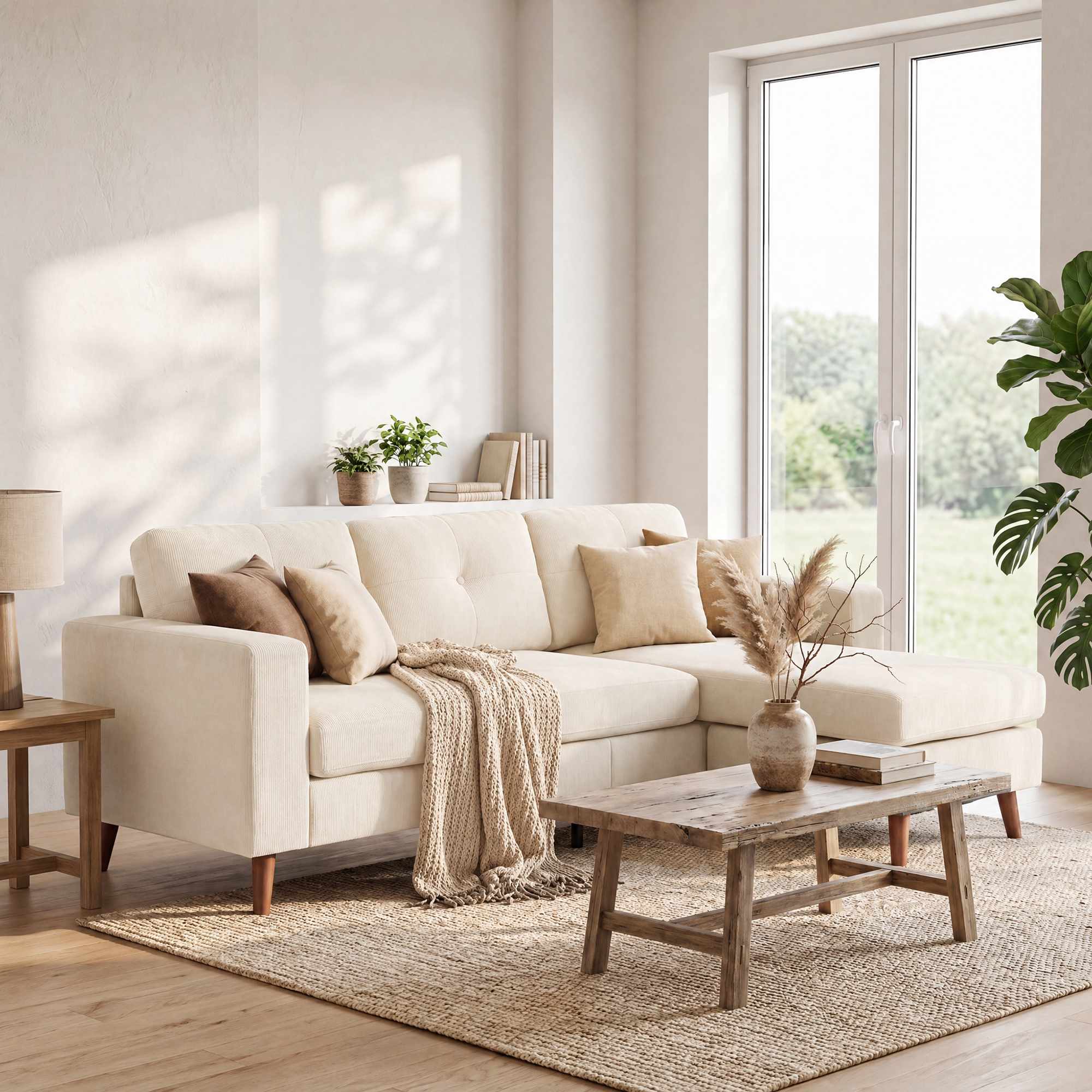 L-formad soffa med vändbar schäslong, manchestertyg, krämvit