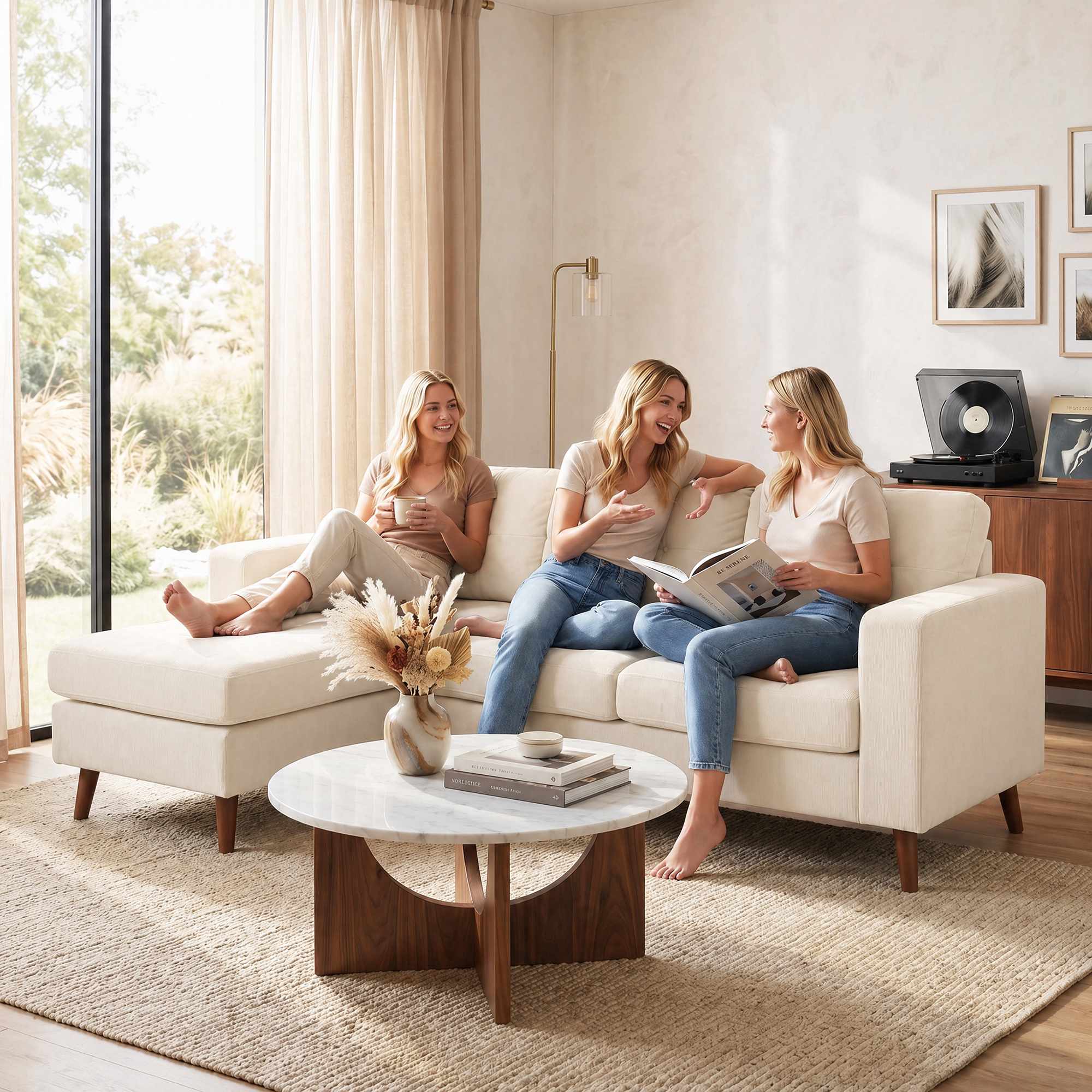 L-formad soffa med vändbar schäslong, manchestertyg, krämvit