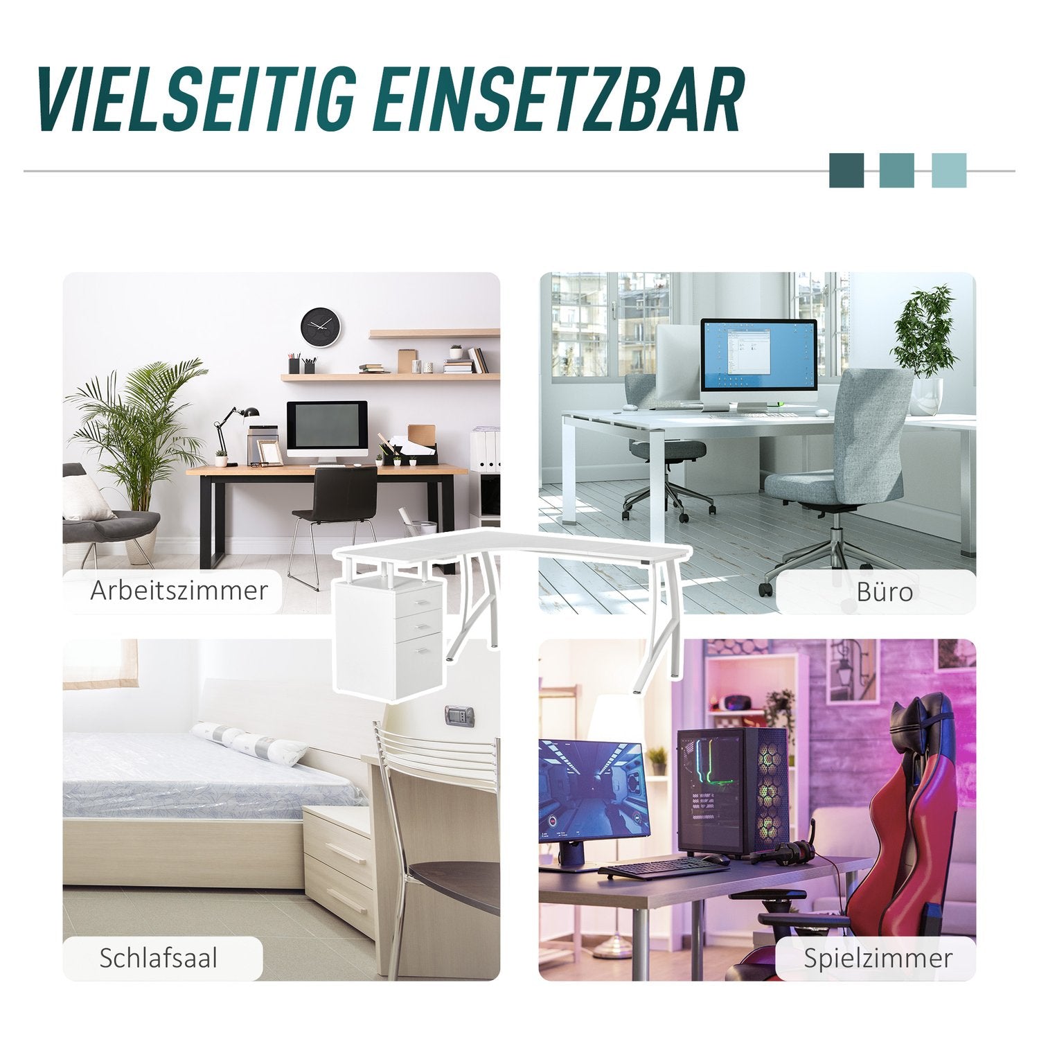 L-format skrivbord med lådor, industriell metall, vit