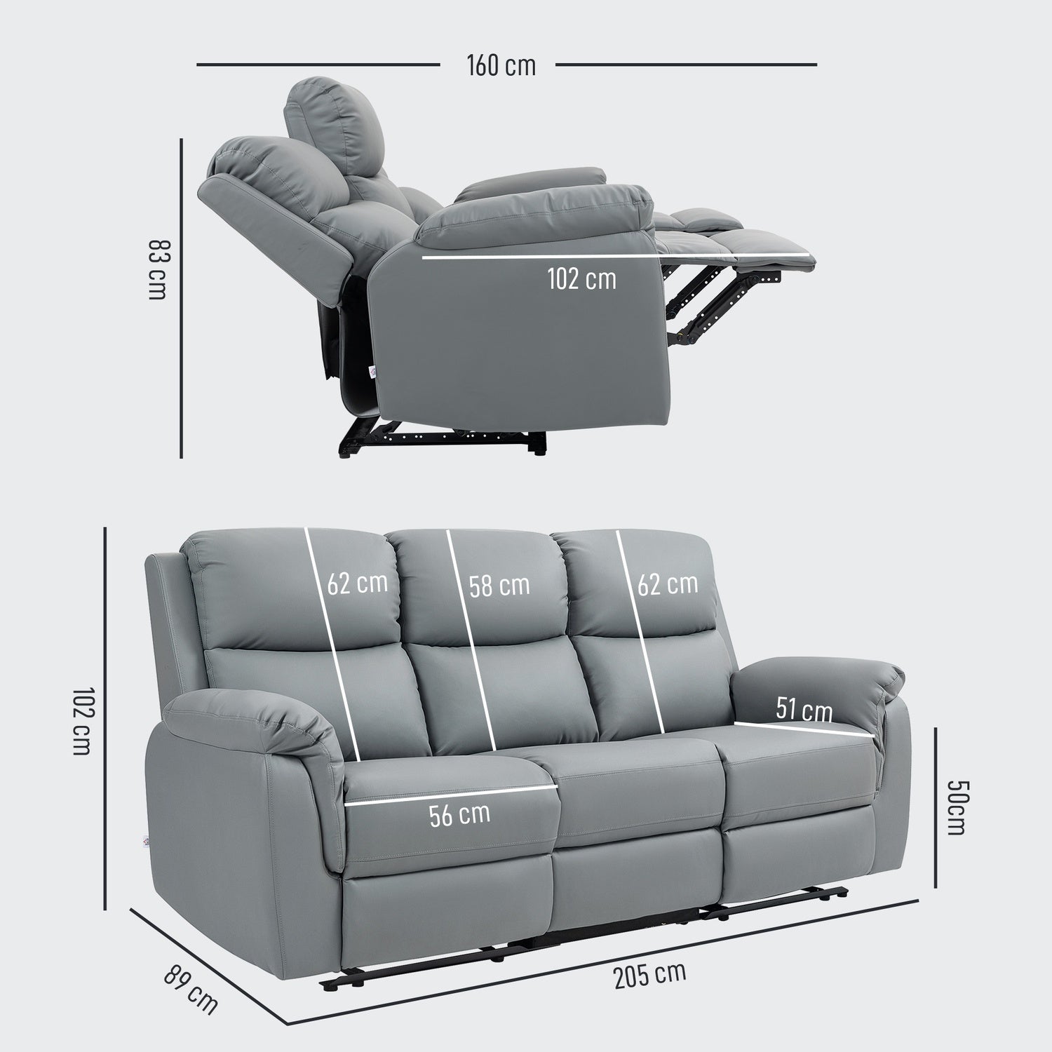 Liggande 3-sits soffa, konstläder, mörkgrå