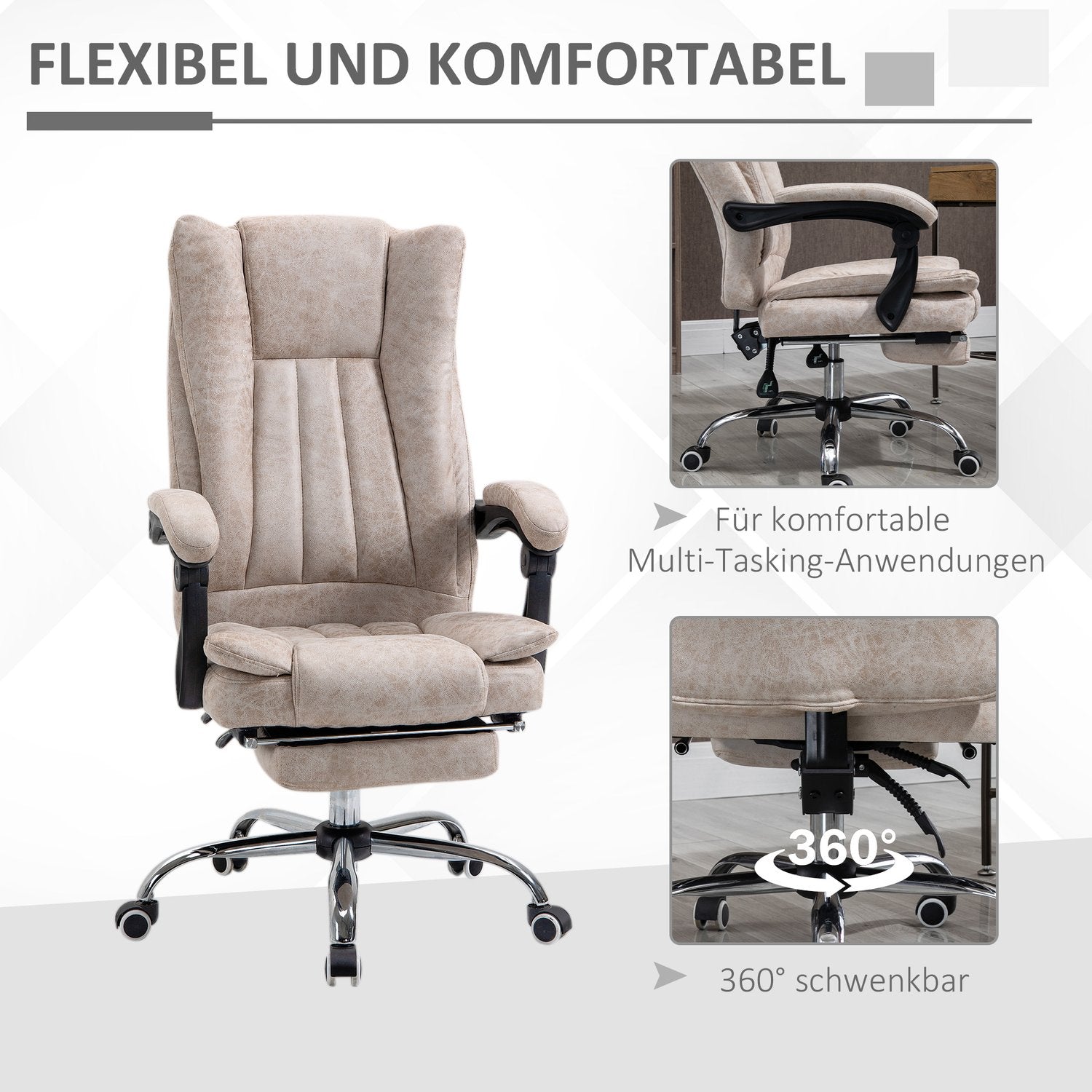 Liggande kontorsstol, mikrofiber, justerbar höjd, beige