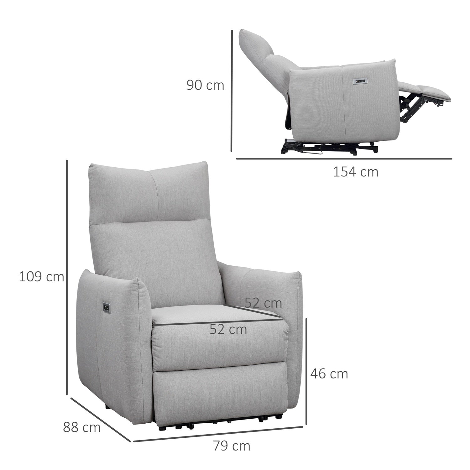 Liggstol med USB, 140° lutning, polyester, grå
