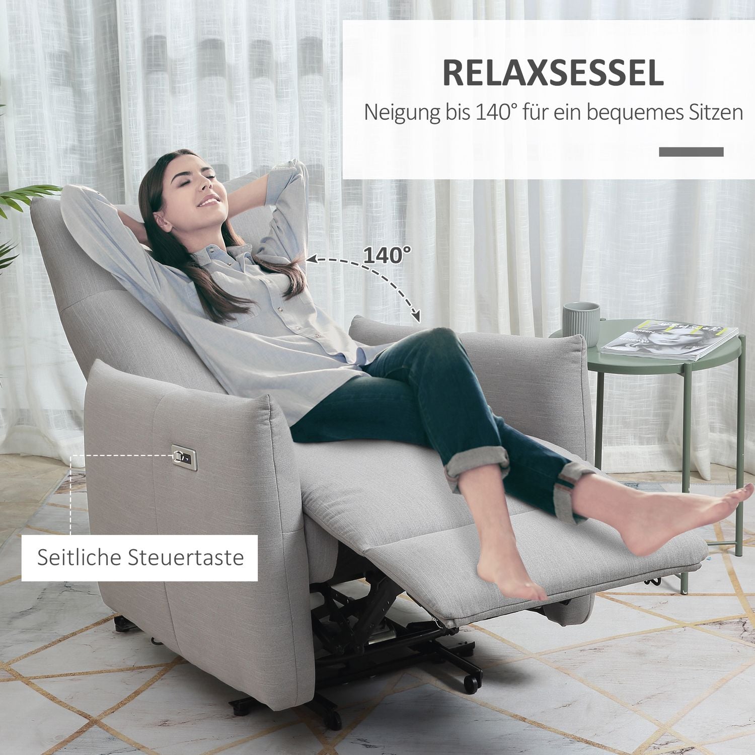 Liggstol med USB, 140° lutning, polyester, grå