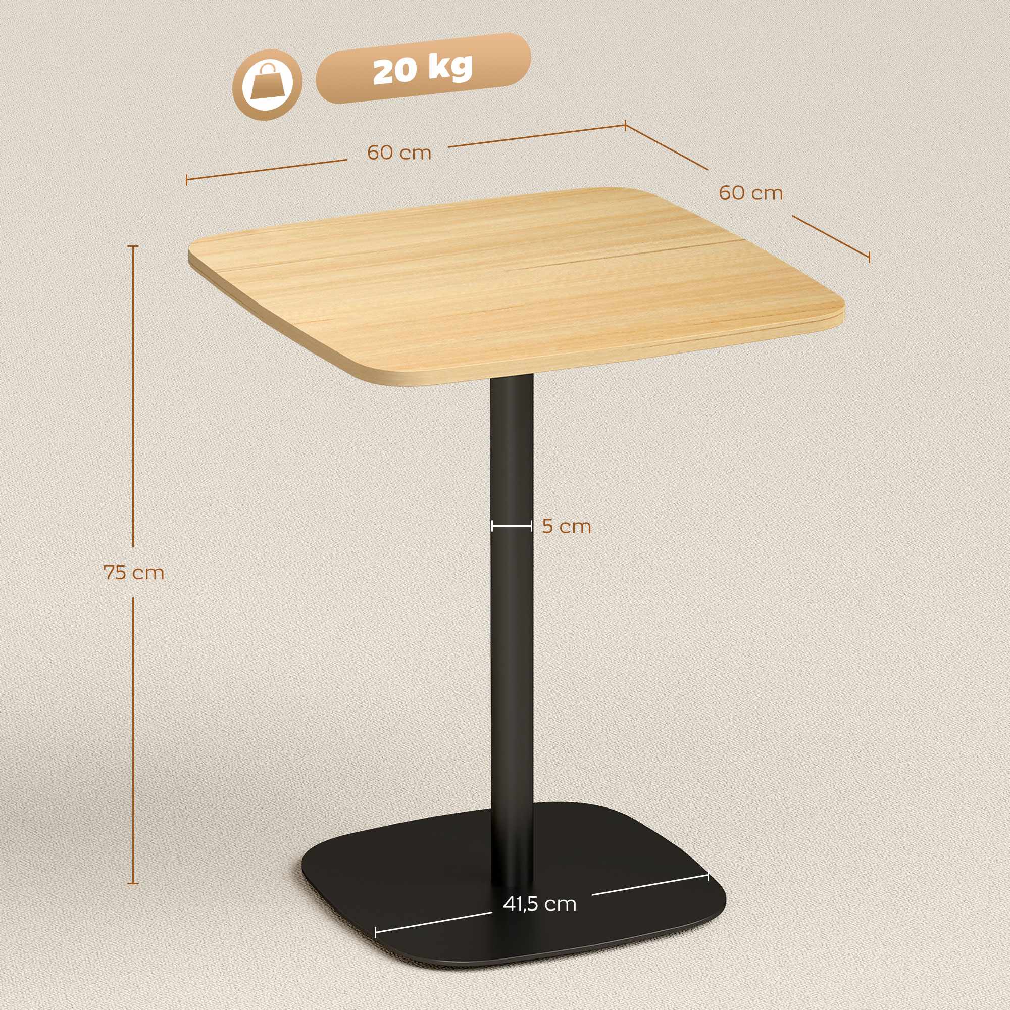 Litet matbord, 60 cm fyrkantigt, MDF-skiva, stålbas