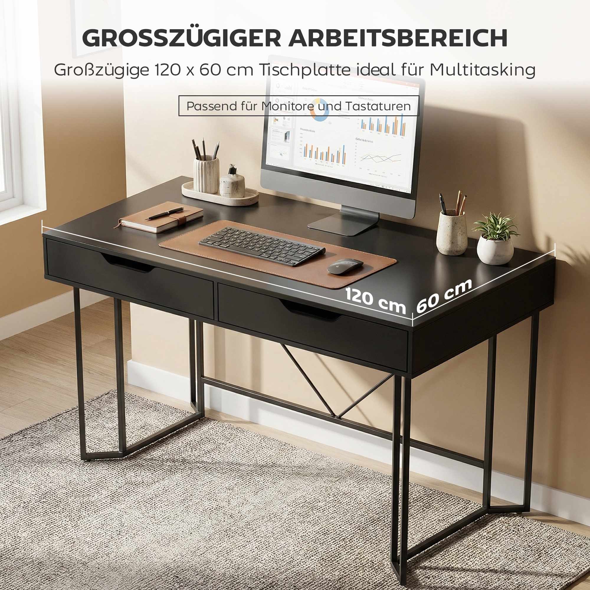 Litet svart datorskrivbord med lådor, 120 cm
