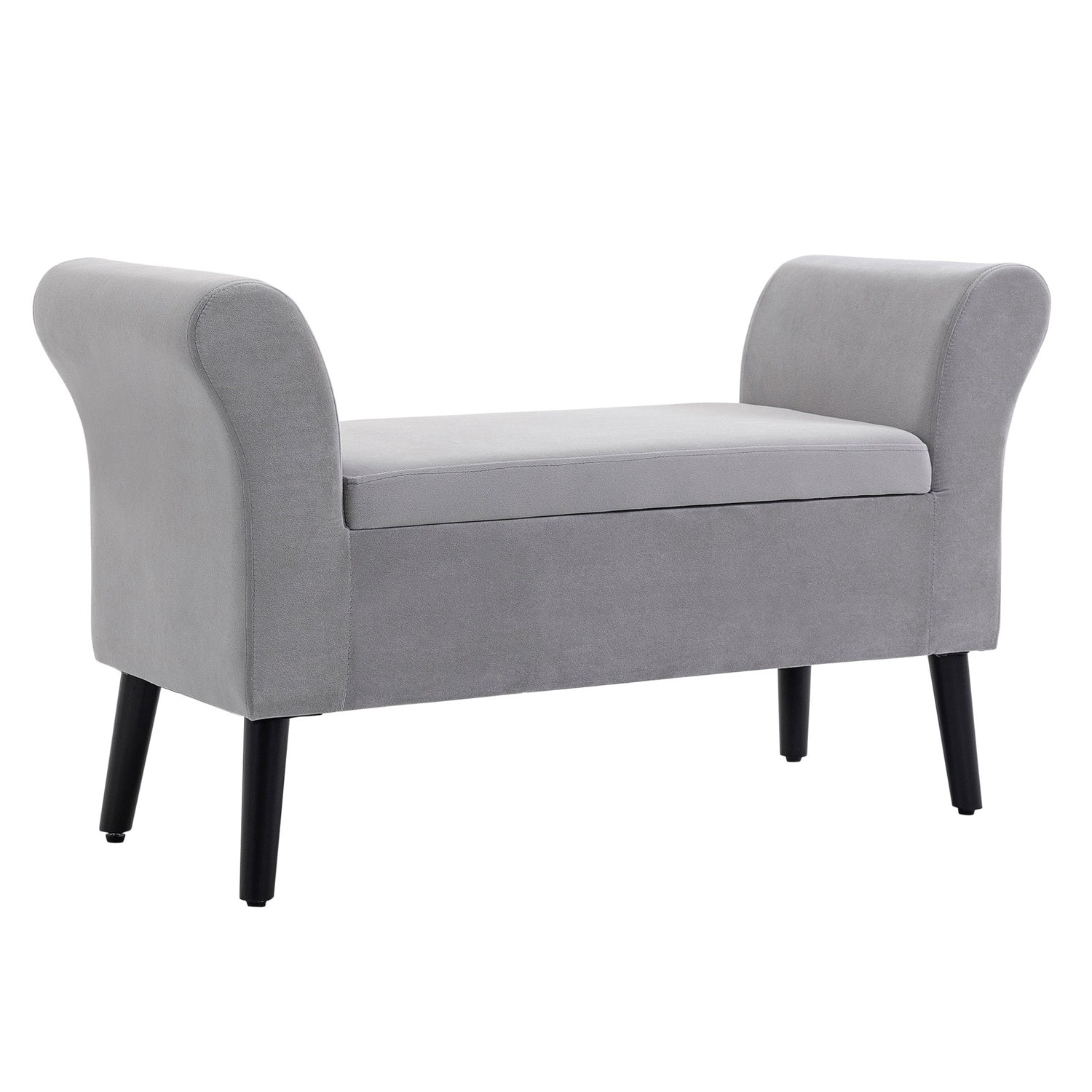 Ljusgrå sammetstoppad bänk med förvaring – modern design