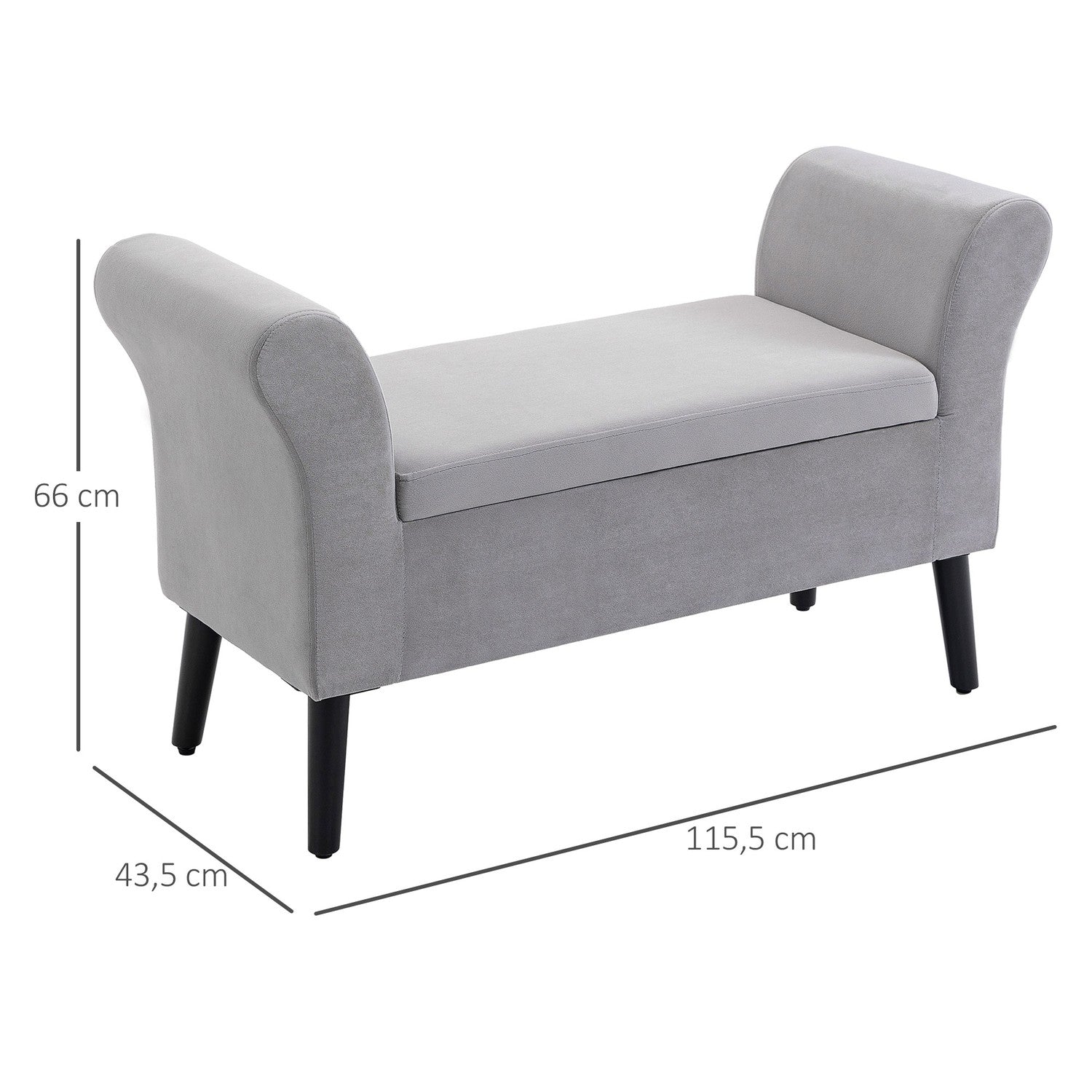 Ljusgrå sammetstoppad bänk med förvaring – modern design