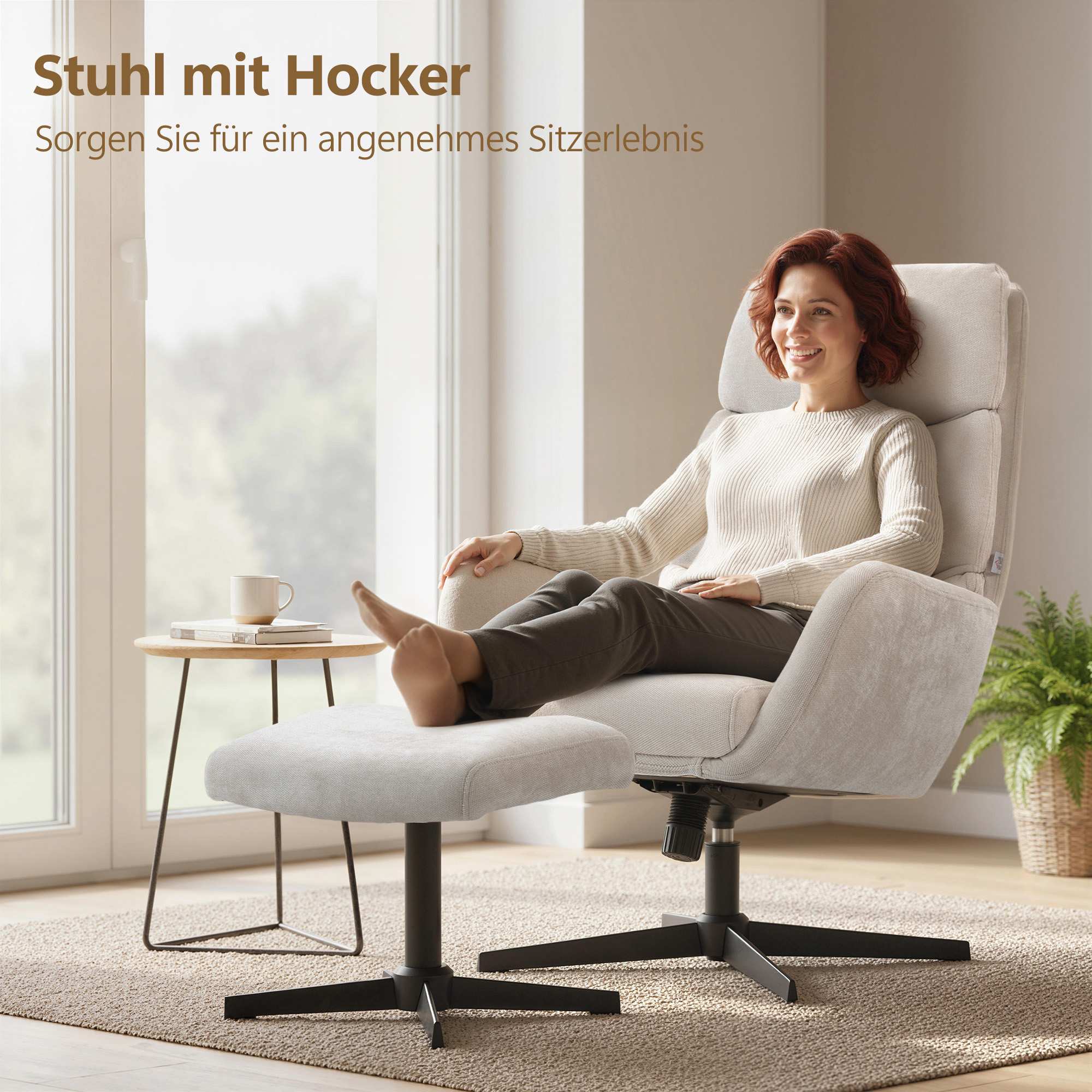 Loungefåtölj med fotpall, hög rygg, metallbas, beige