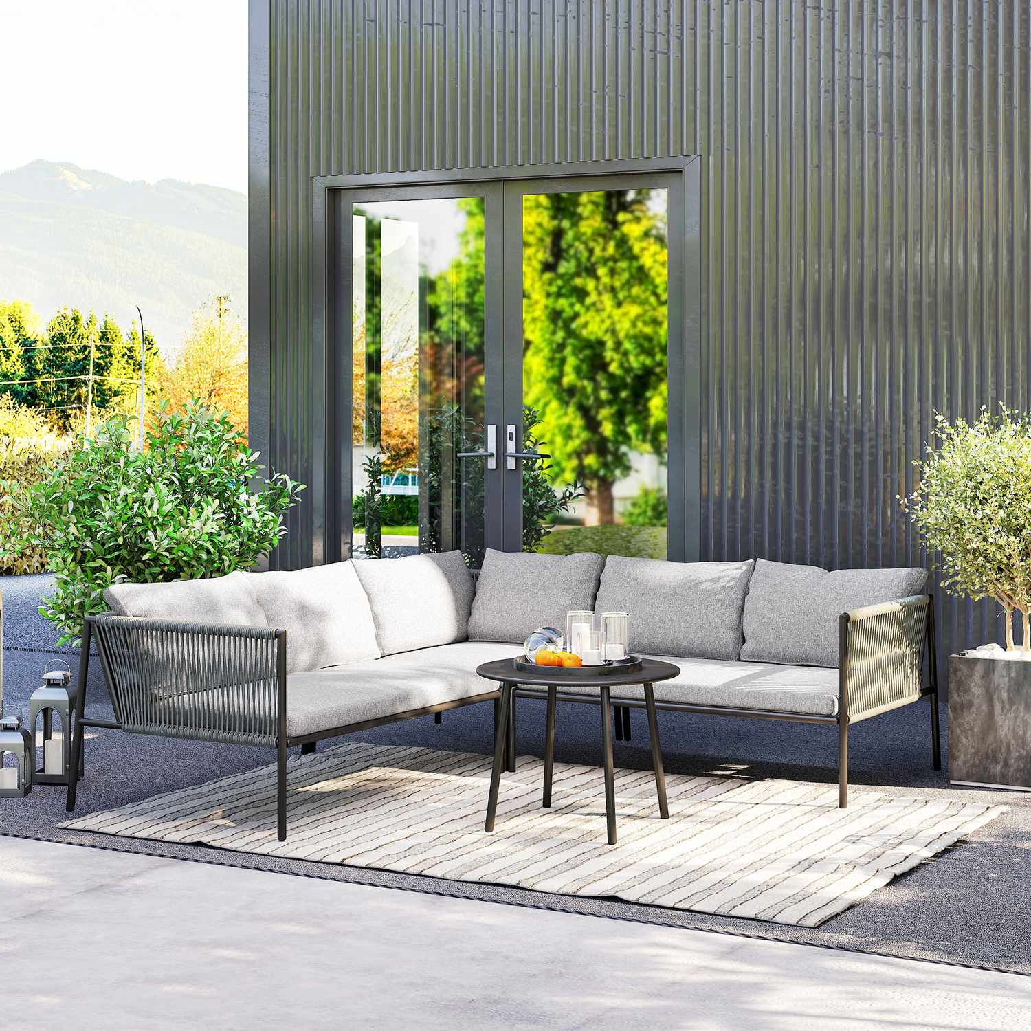 Venkovní lounge set z polyratanu, povětrnostně odolné sezení pro 6 osob
