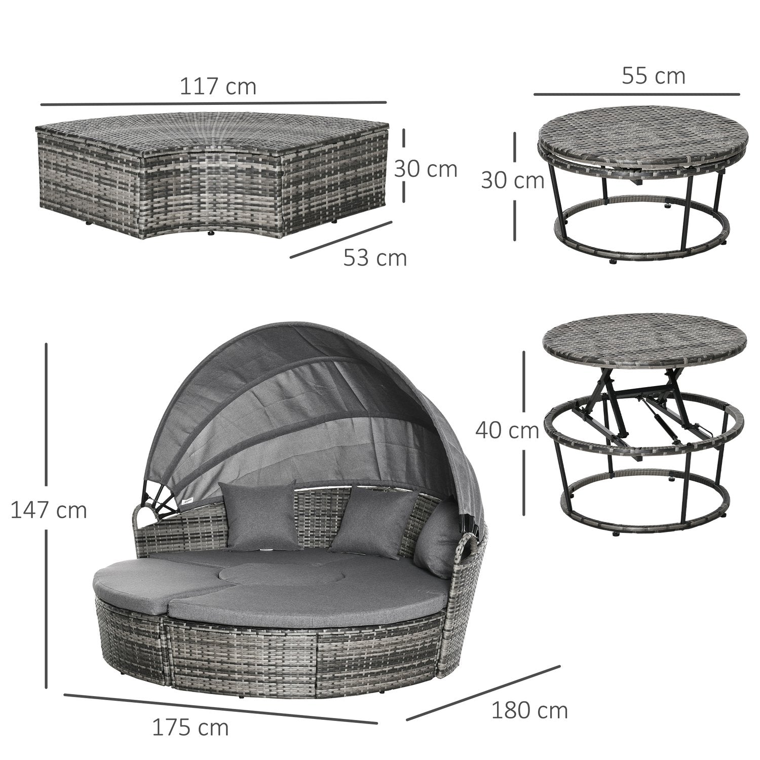 Loungeset i rotting med kapell, kuddar och bord, grå