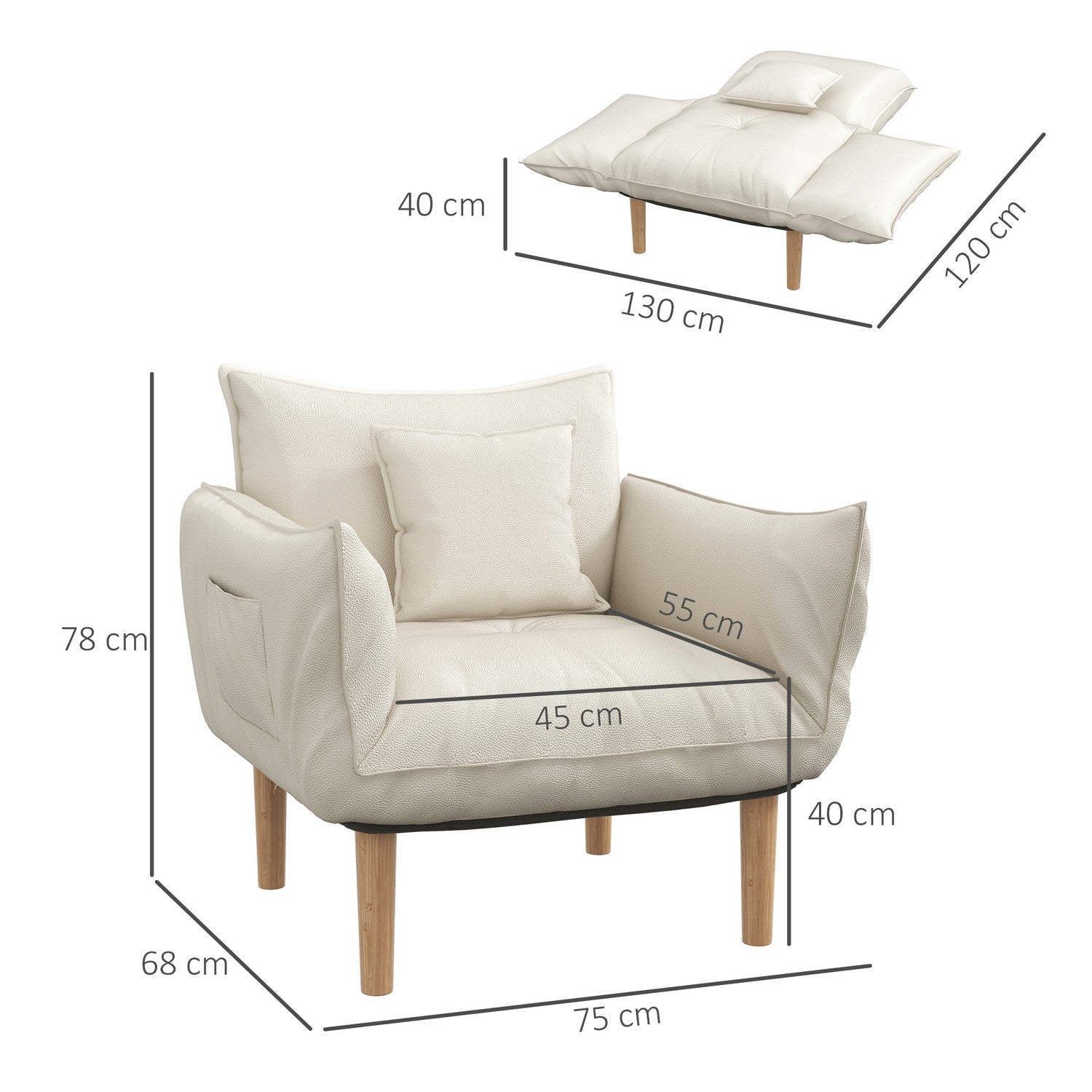 Loungestol med kuddar, justerbar och krämig mikrofiber