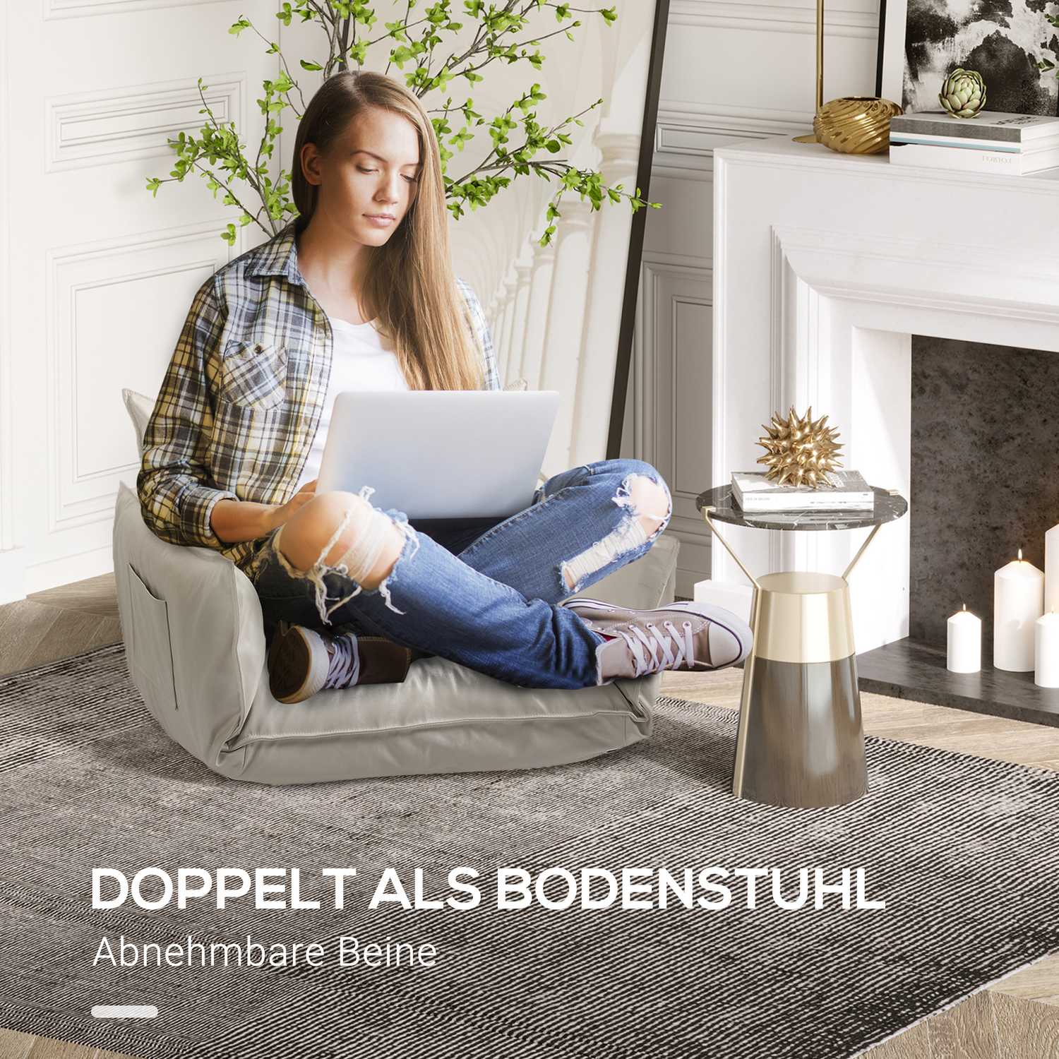 Loungestol med kuddar, justerbar och krämig mikrofiber