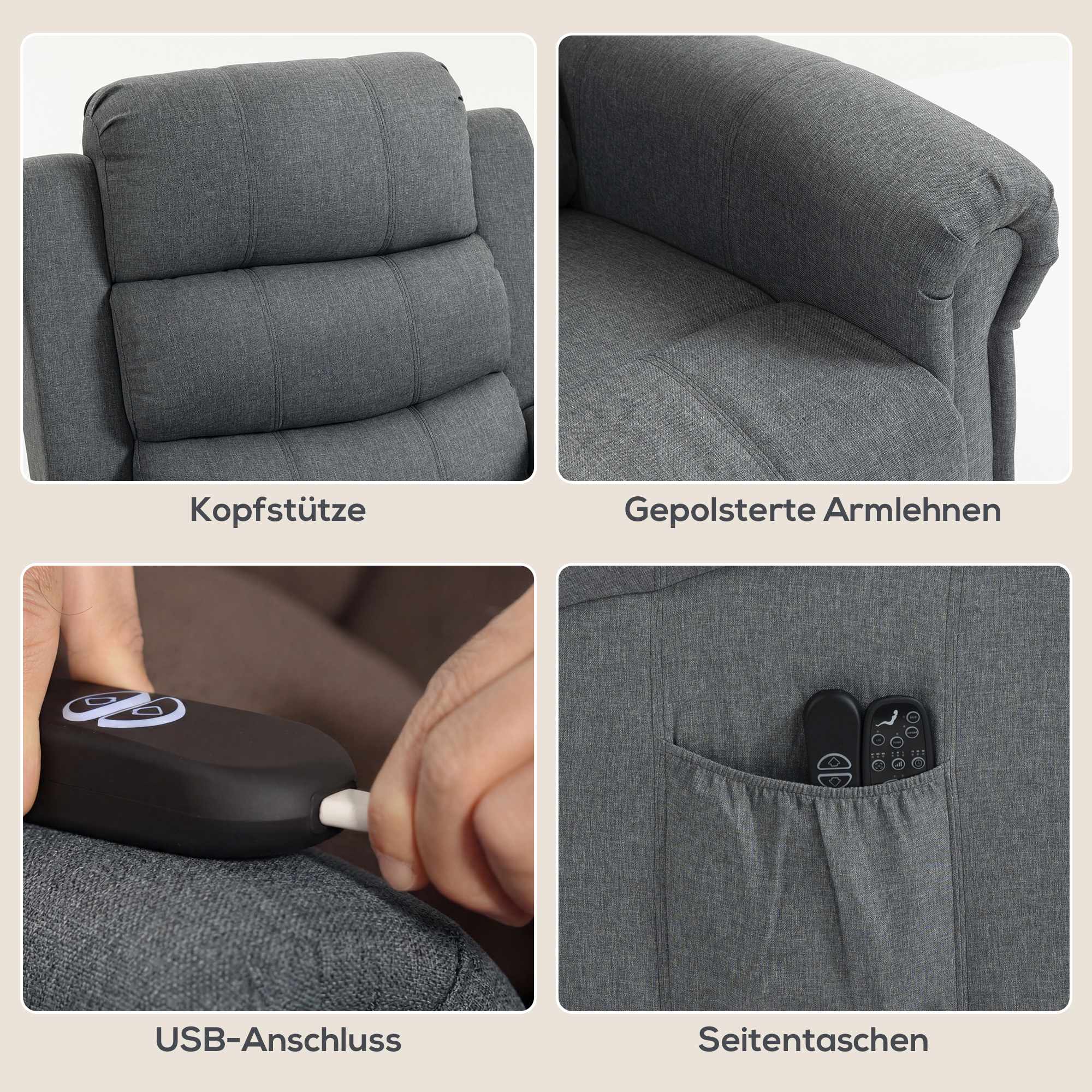 Lyftfåtölj med massagefunktion, värme, linneutseende, grå