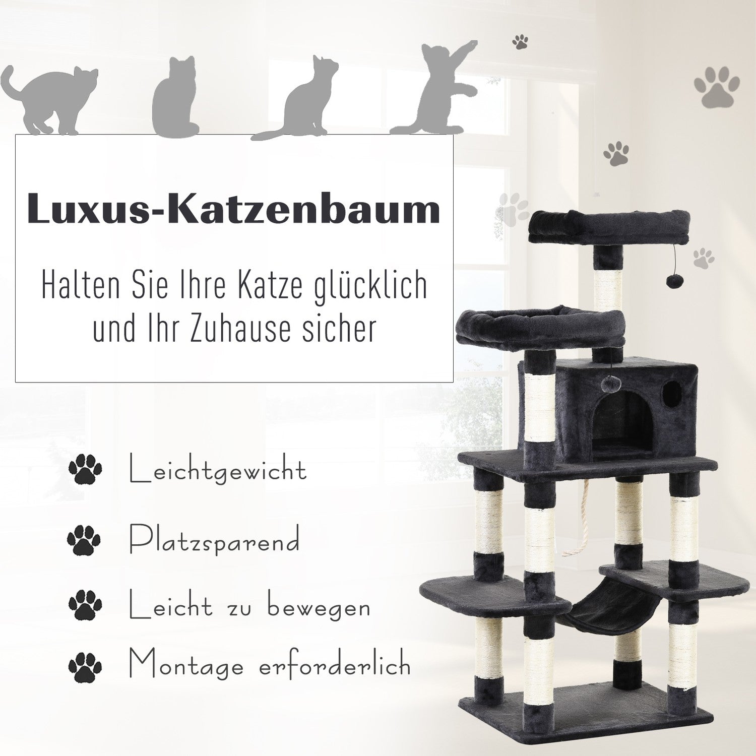 Lyxig kattträd med hängmatta och hus, mörkgrå, 144cm