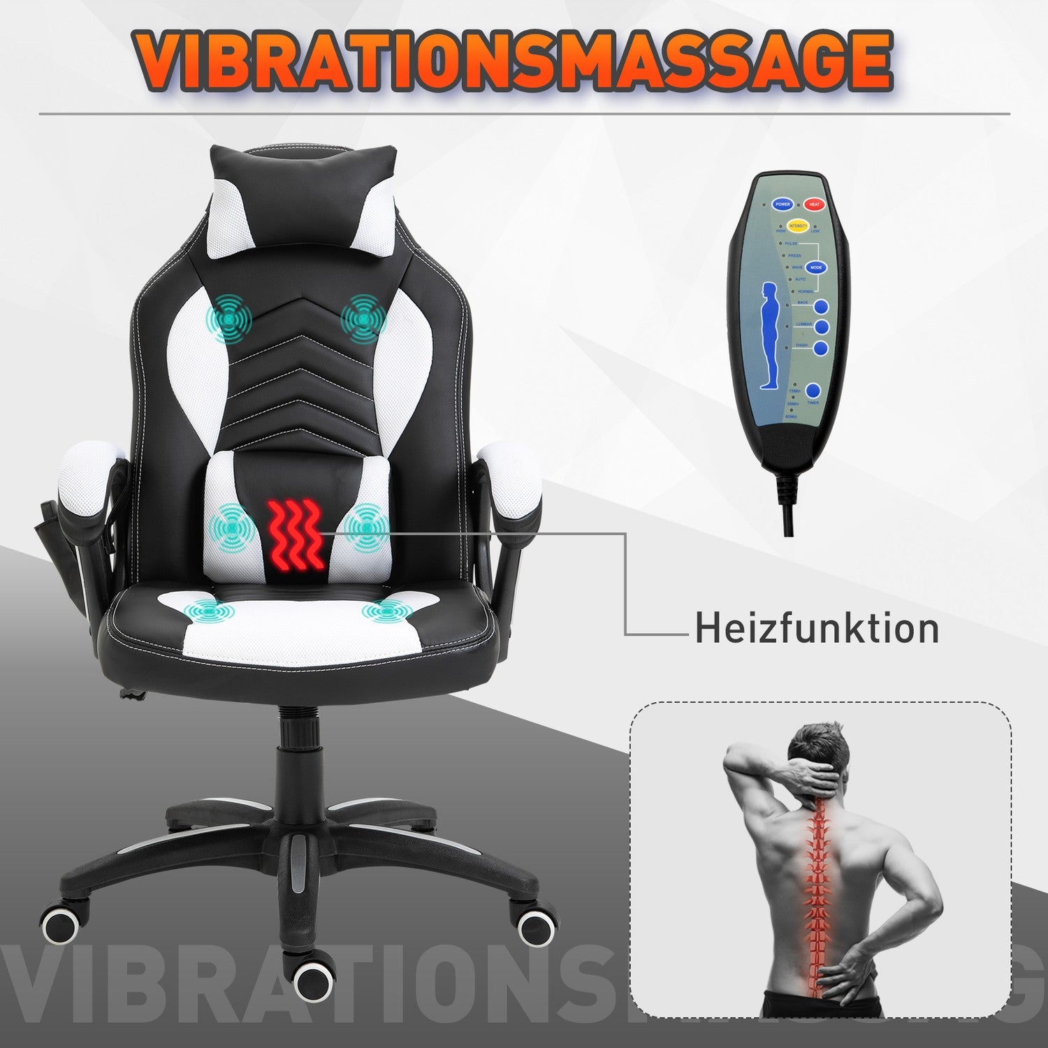 Massage Gaming Kontorsstol med Värme & Vibration, Svart/Vit