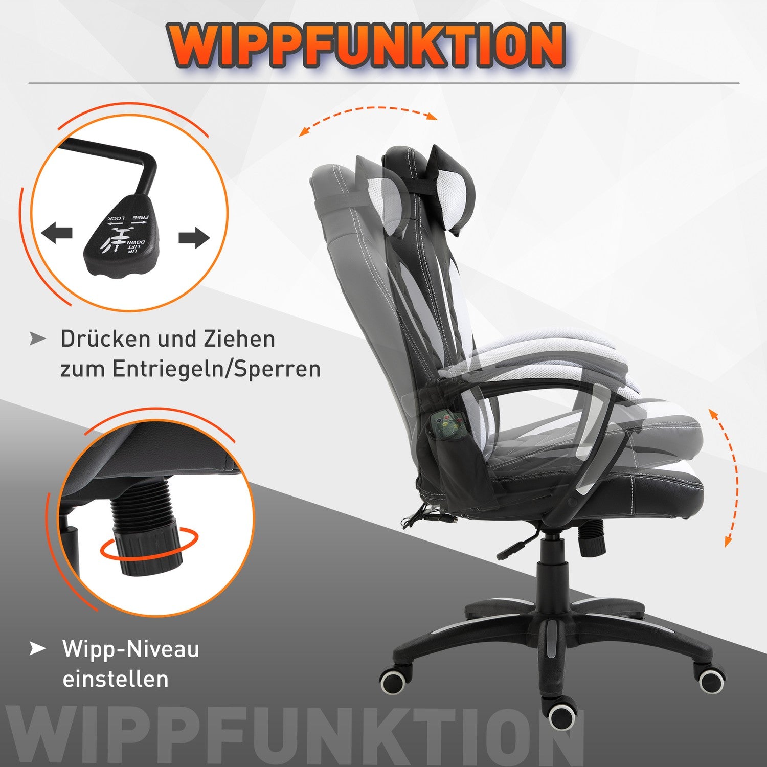 Massage Gaming Kontorsstol med Värme & Vibration, Svart/Vit