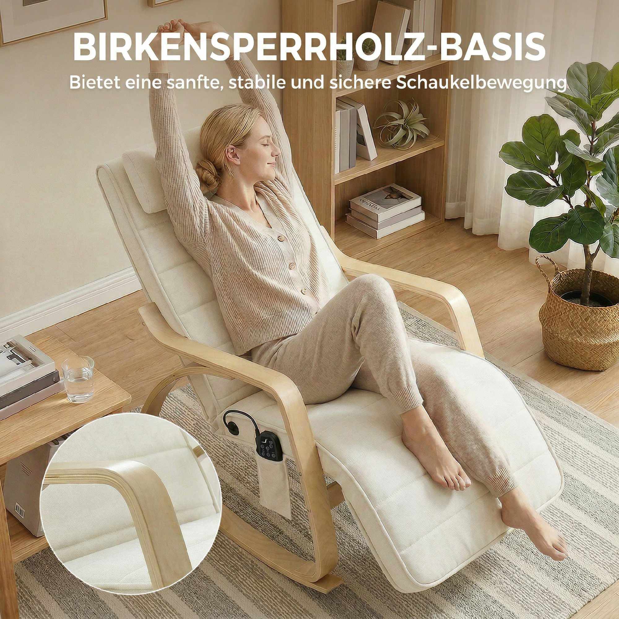 Massagegungstol med värme, fotstöd, sammet, krämfärgad