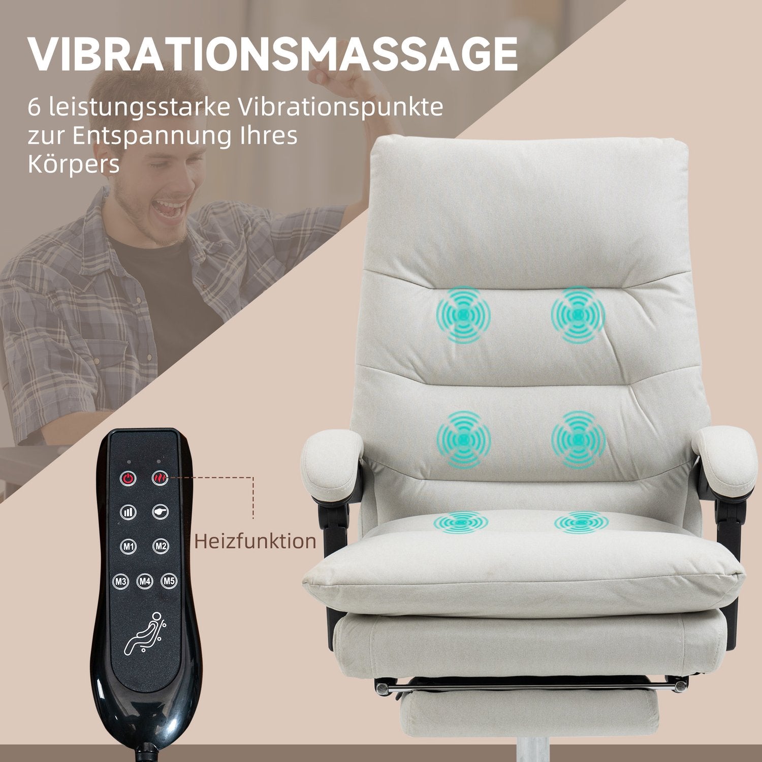 Massagekontorsstol, 135° lutning, justerbar höjd, kräm